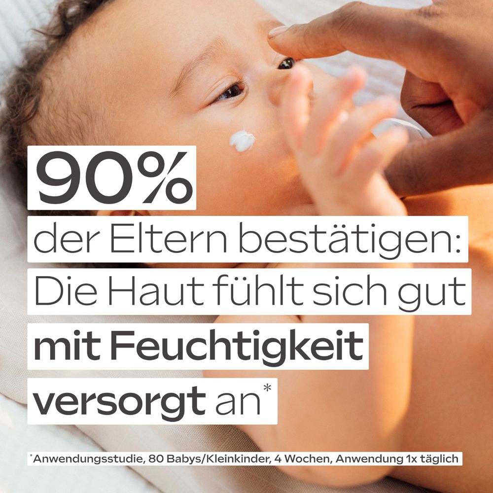 Baby mit Text: 90% der Eltern bestätigen: Die Haut fühlt sich gut mit Feuchtigkeit versorgt an. Text unten: Anwendungsstudie.
