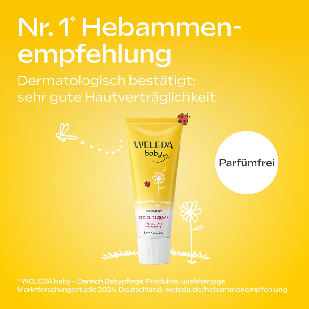 Gelbe Tube Weleda Baby Gesichtscreme, parfümfrei. Text: Nr. 1 Hebammenempfehlung. Dermatologisch bestätigt.