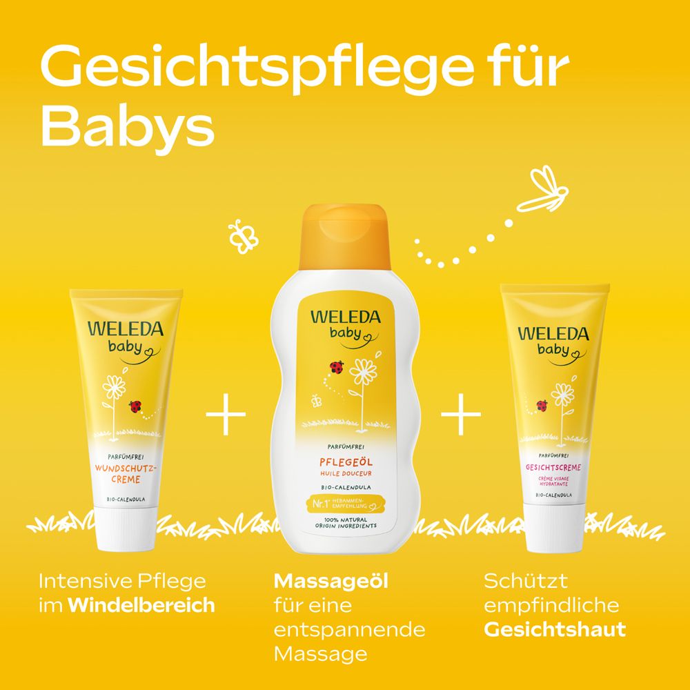 Drei Weleda Baby Produkte: Gesichtscreme, Pflegeöl, und Wundschutzcreme. Gelber Hintergrund.