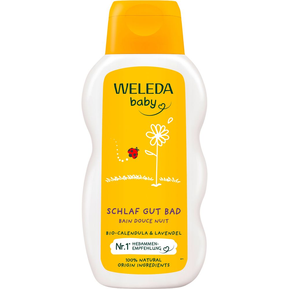 Weleda Baby Schlaf Gut Bad Flasche. Gelb-weiß, mit Logo und Produktnamen. Enthält Bio-Calendula & Lavendel.