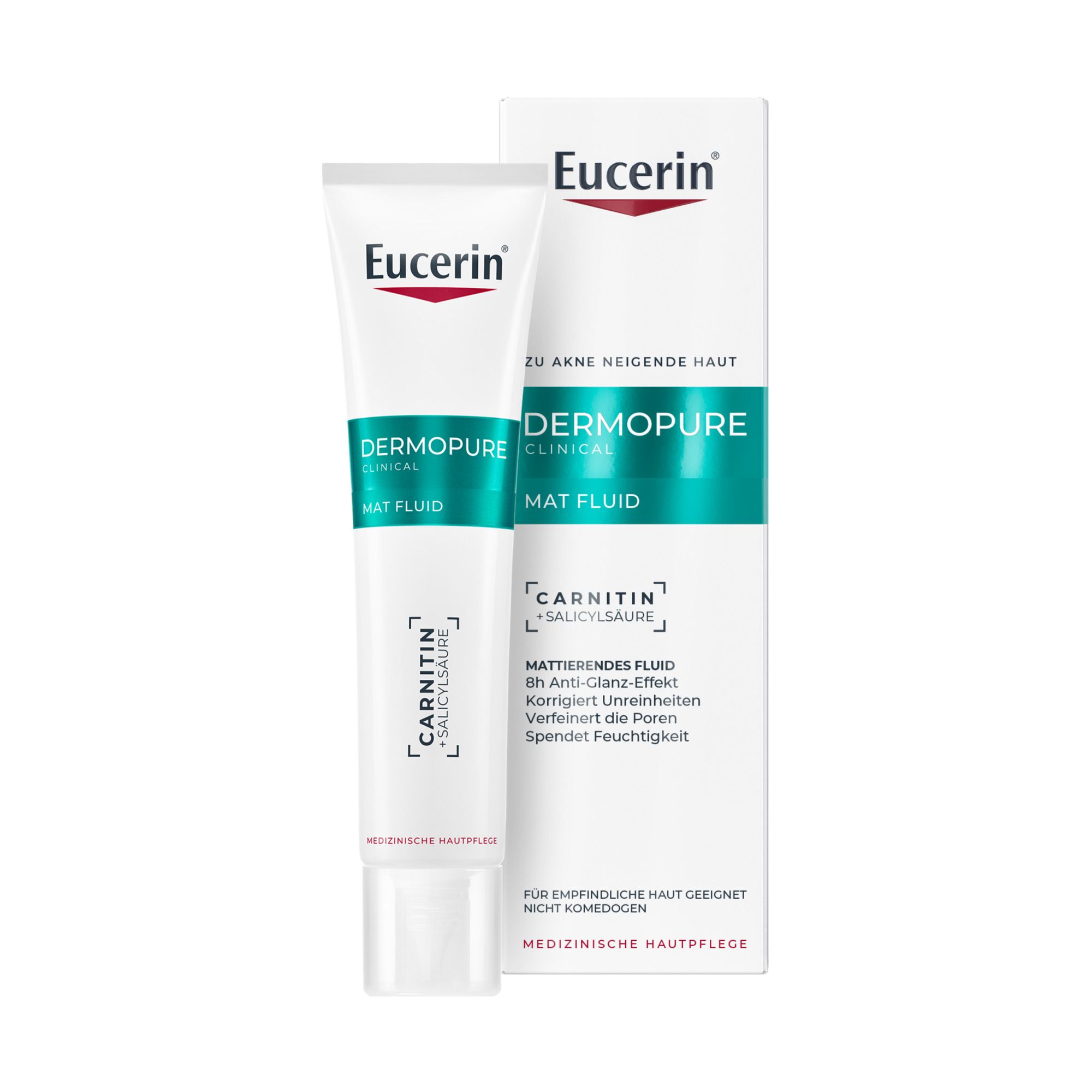 Eucerin DERMOPURE CLINICAL Mat Fluid. Tube und Verpackung. Text: CARNITIN, SALICYLSÄURE, MAT FLUID.