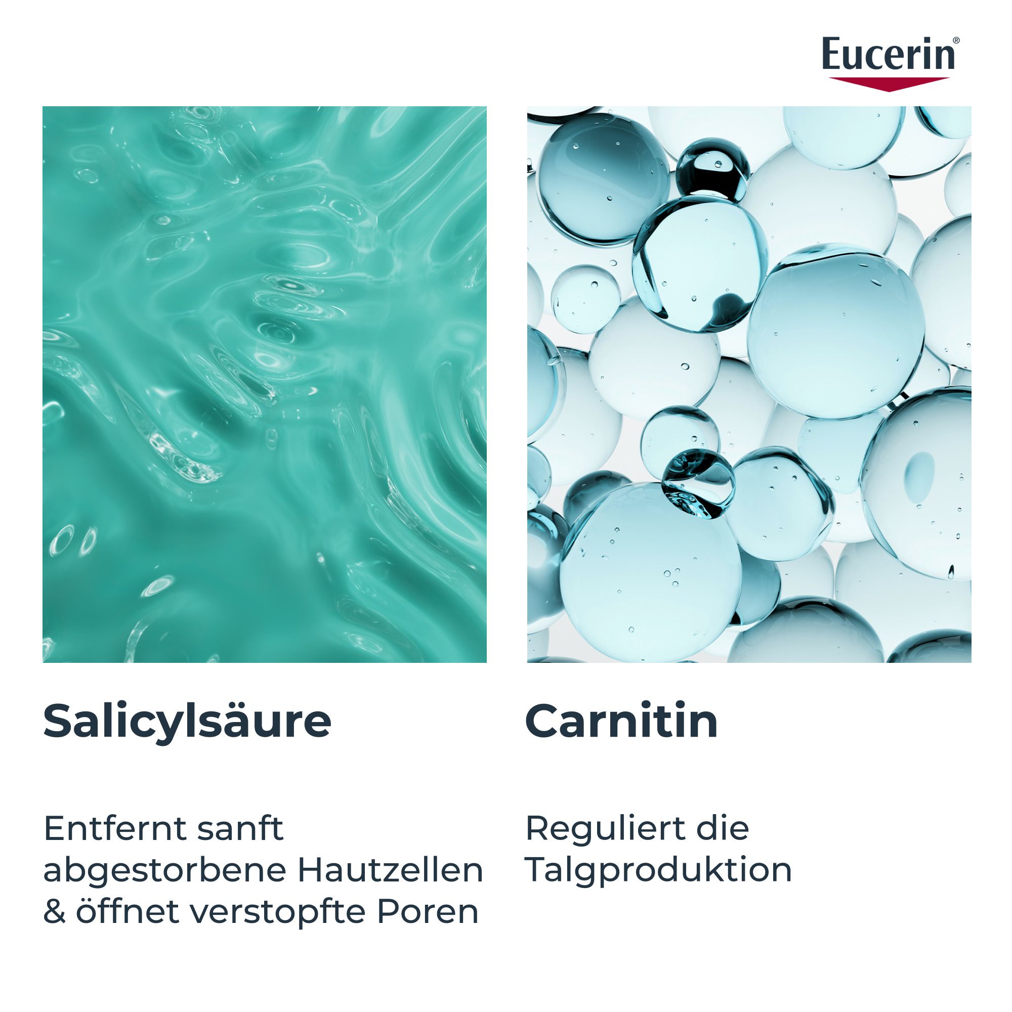 Zwei Abbildungen: Salicylsäure und Carnitin. Text: Entfernt sanft abgestorbene Hautzellen.