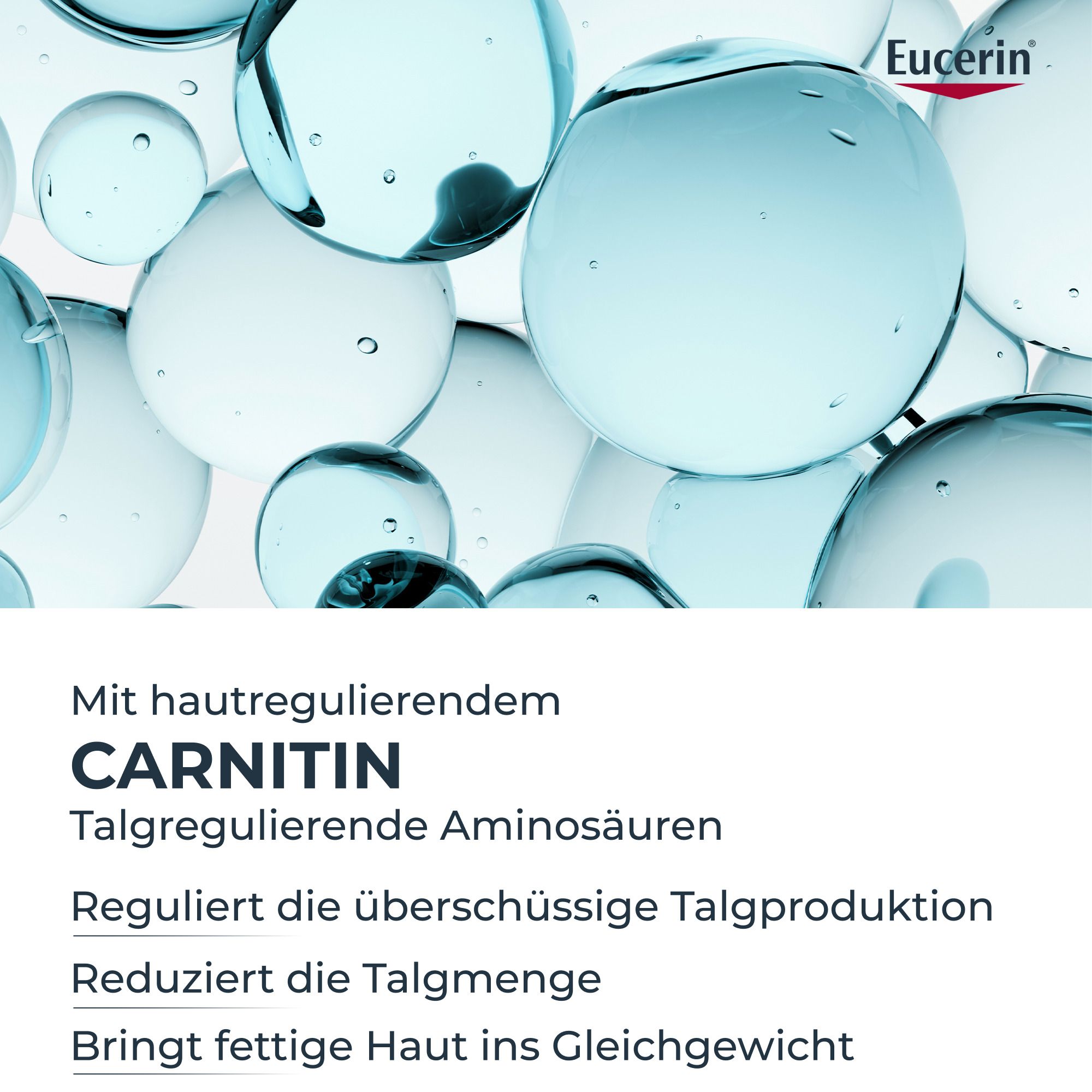 Abbildung von Carnitin. Text: Reguliert die Talgproduktion. Reduziert die Talgmenge.