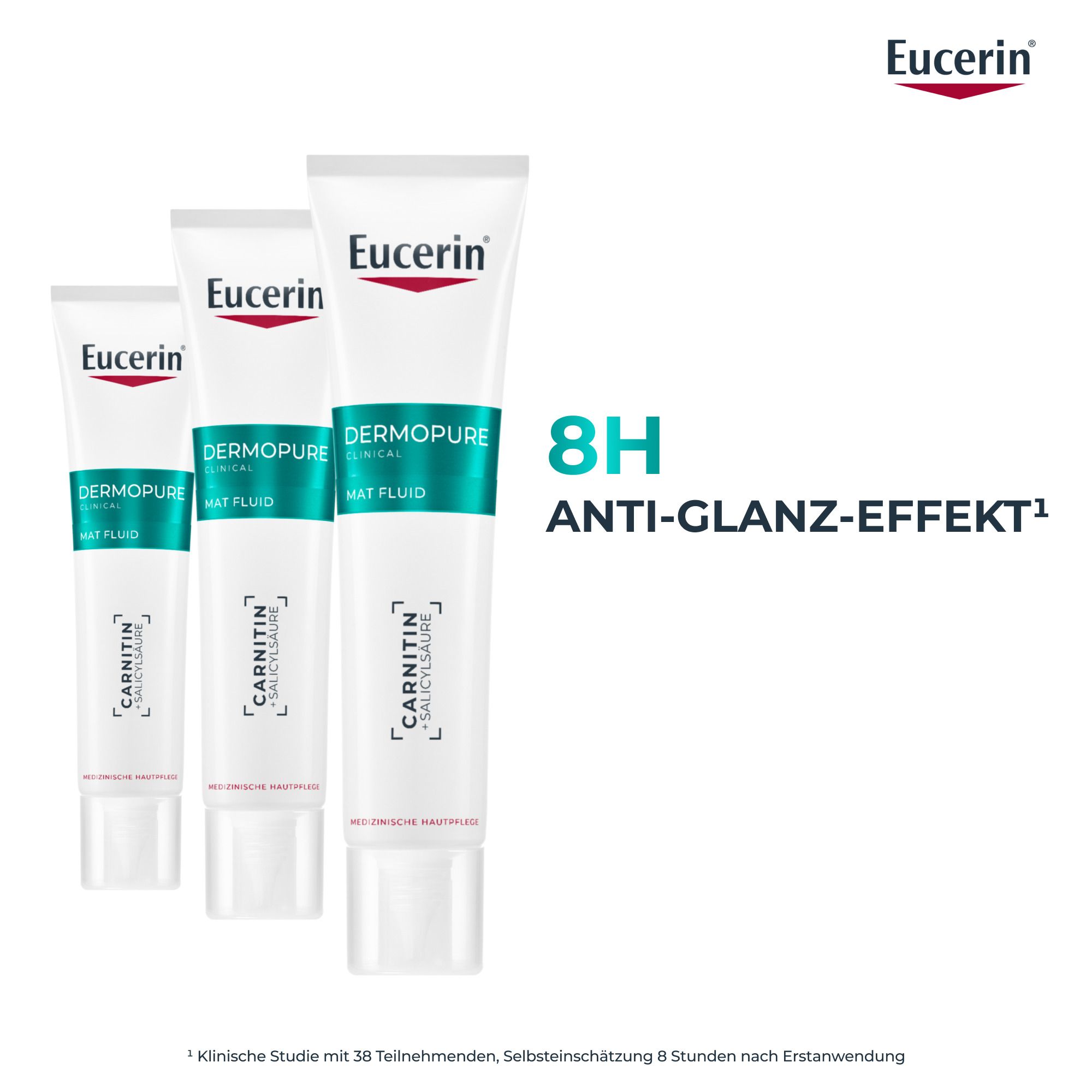 Drei Tuben Eucerin DERMOPURE CLINICAL Mat Fluid. Text: 8H ANTI-GLANZ-EFFEKT.