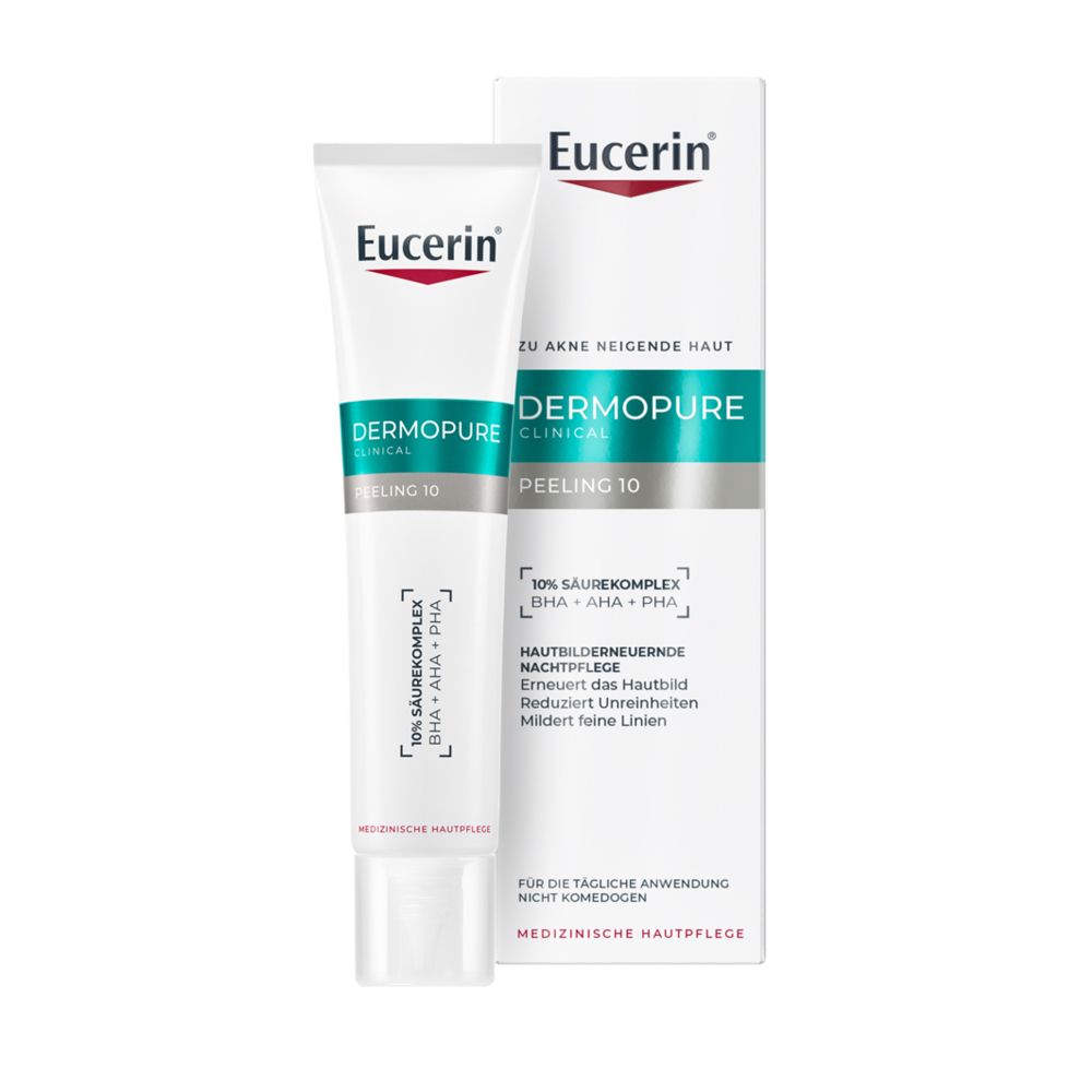 Eucerin Dermopure Peeling 10 und Verpackung. Weißes Produkt mit grünen und weißen Details. Text: Dermopure, Peeling 10.