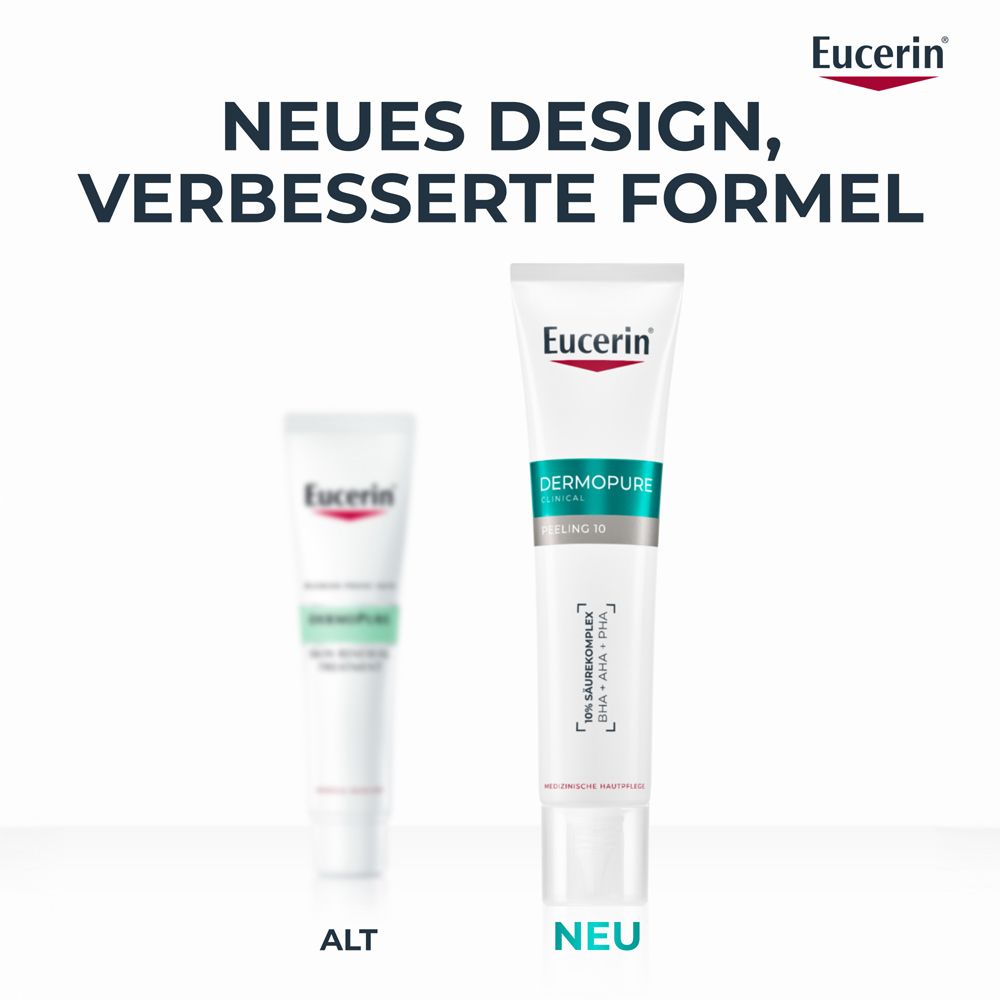Vergleich von zwei Eucerin Dermopure Peeling 10 Tuben. Links: Alt. Rechts: Neu. Text: Neues Design, verbesserte Formel.