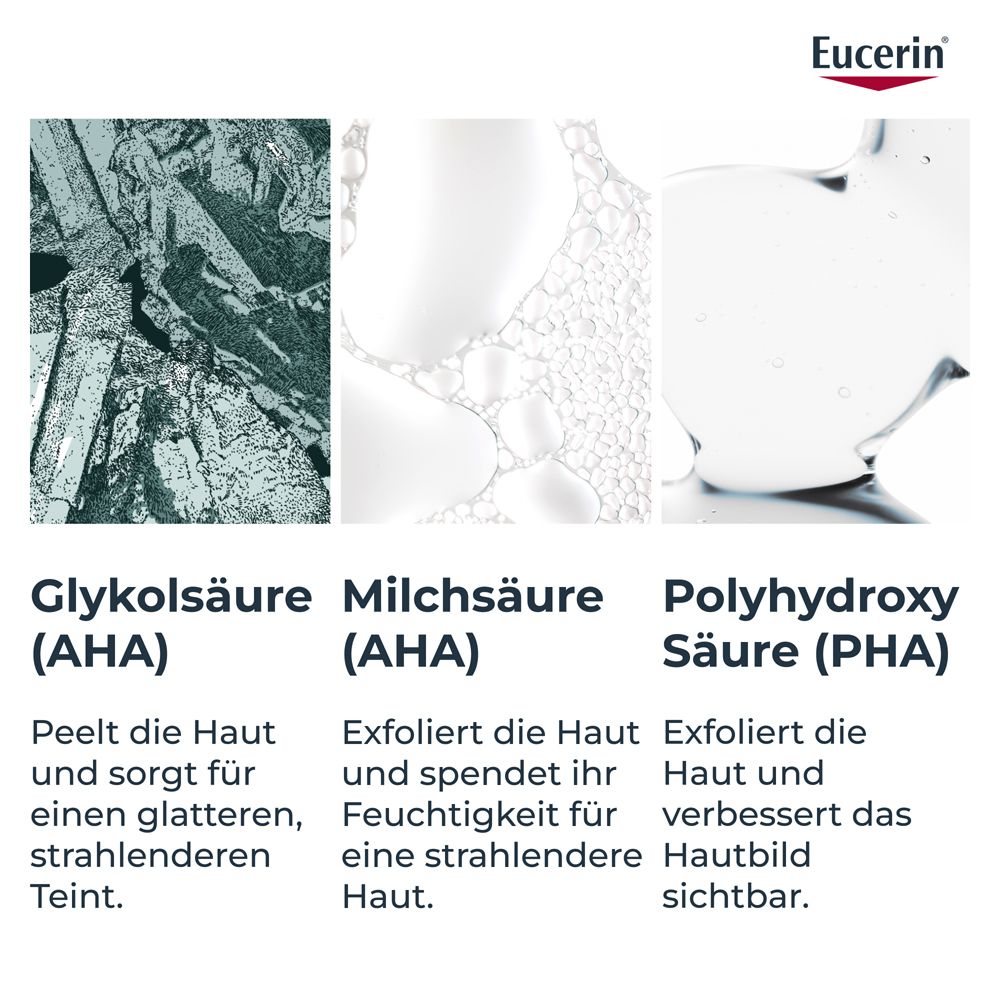 Zwei Bilder. Links: Gel. Rechts: Flüssigkeit. Text: 2% Salicylsäure, Säurekomplex AHA + PHA.