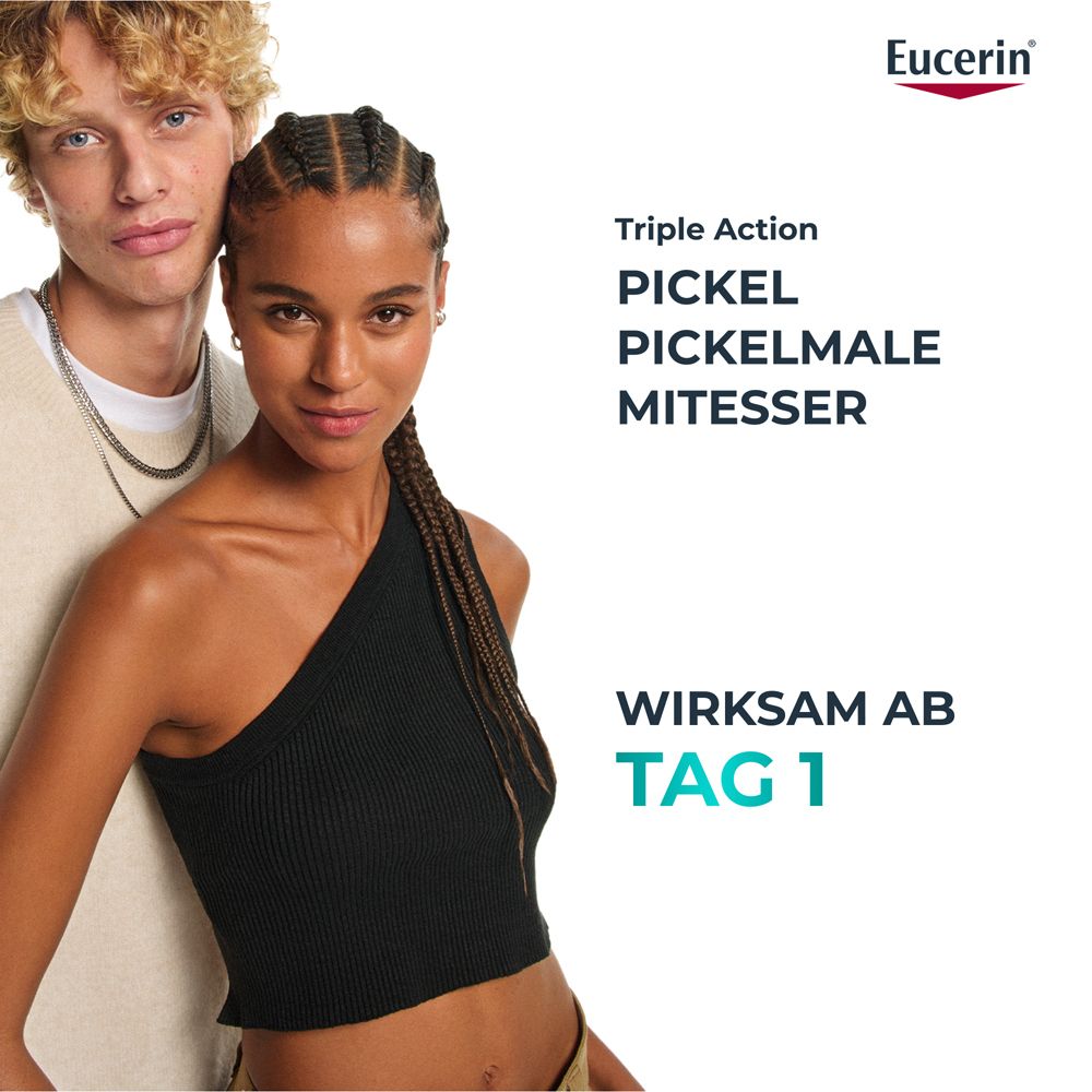 Zwei Personen. Text: Triple Action, Pickel, Pickelmale, Mitesser. Text: Wirksam ab Tag 1.