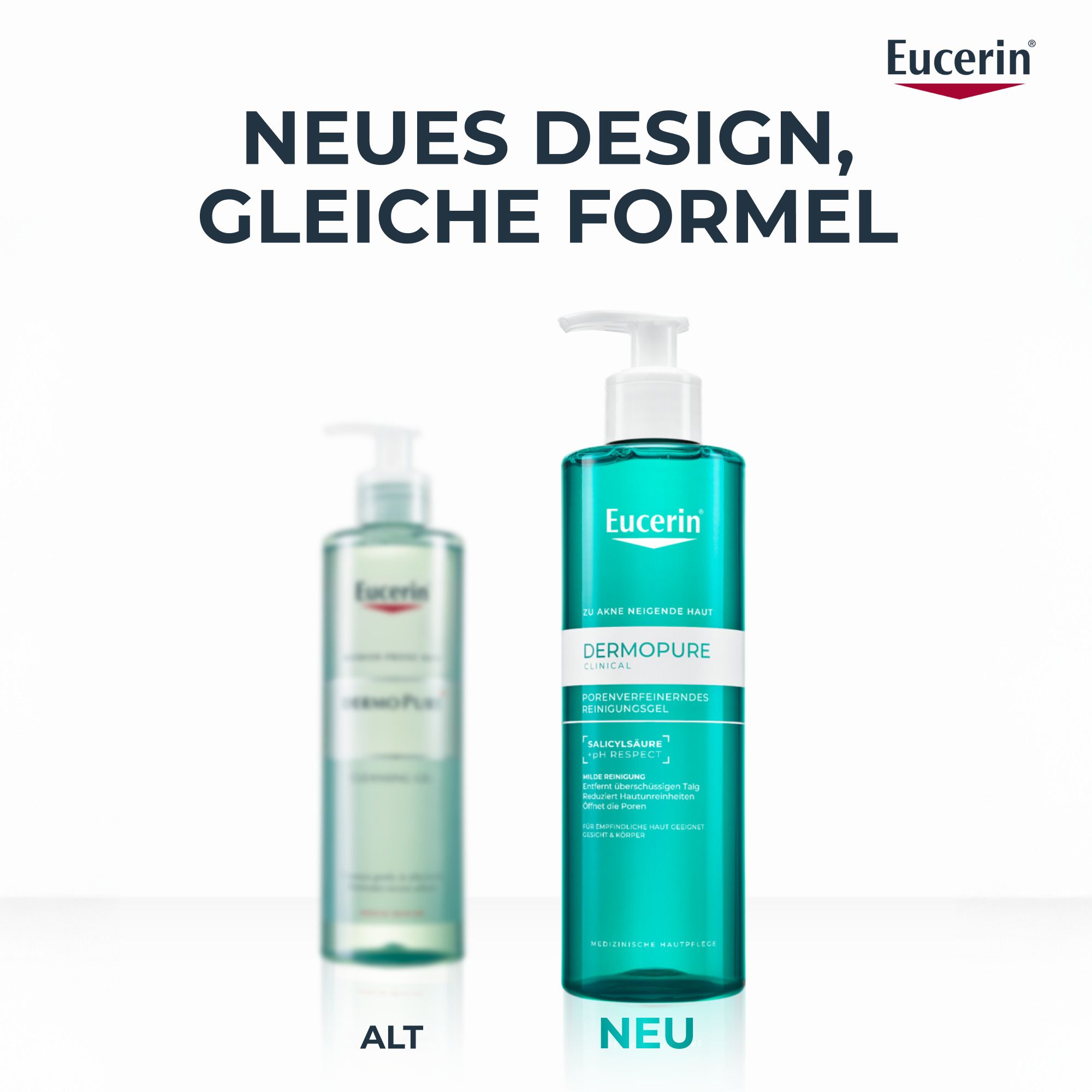 Zwei Flaschen nebeneinander. Links: alt. Rechts: neu. Eucerin DERMOPURE CLINICAL Reinigungsgel.