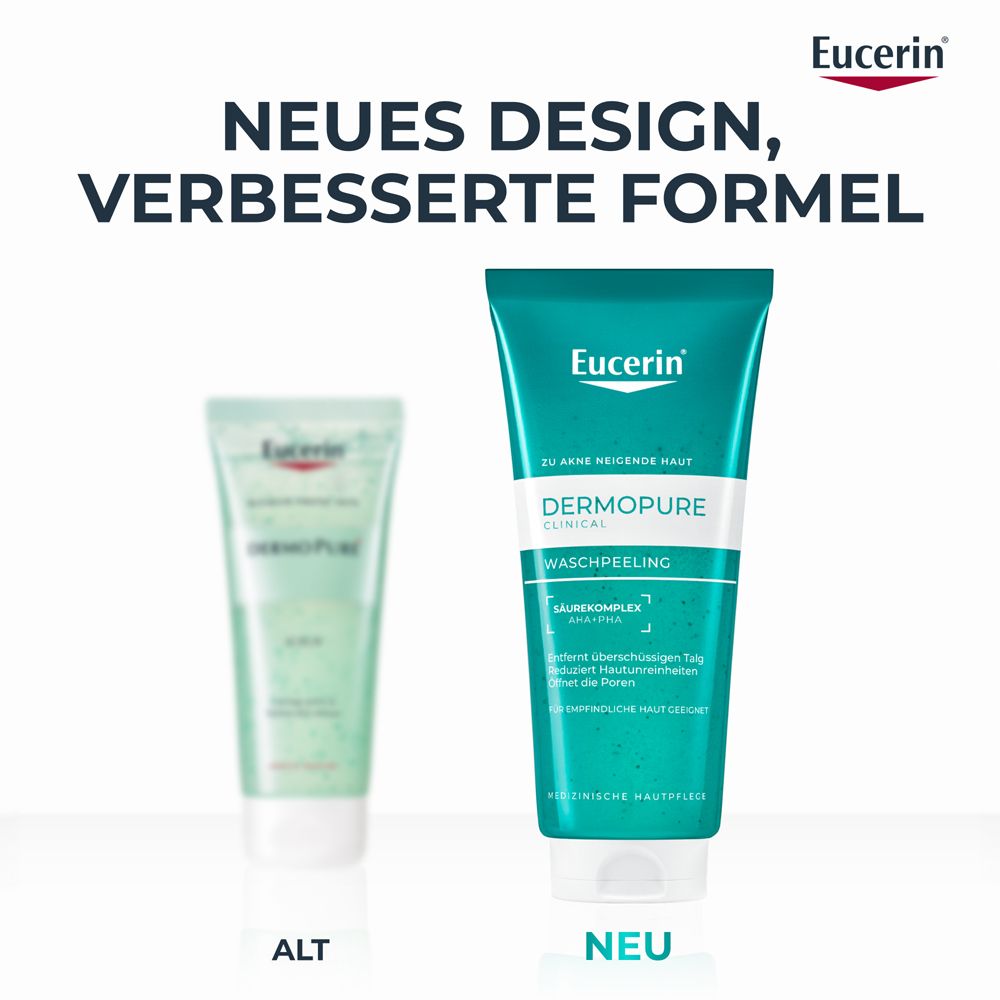 Vergleich: Altes und neues Design des Eucerin Dermopure Clinical Waschpeeling. Text: Neues Design, verbesserte Formel.