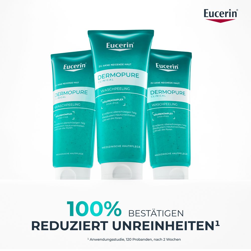 Drei Tuben Eucerin Dermopure Clinical Waschpeeling. Text: 100% bestätigen reduziert Unreinheiten.