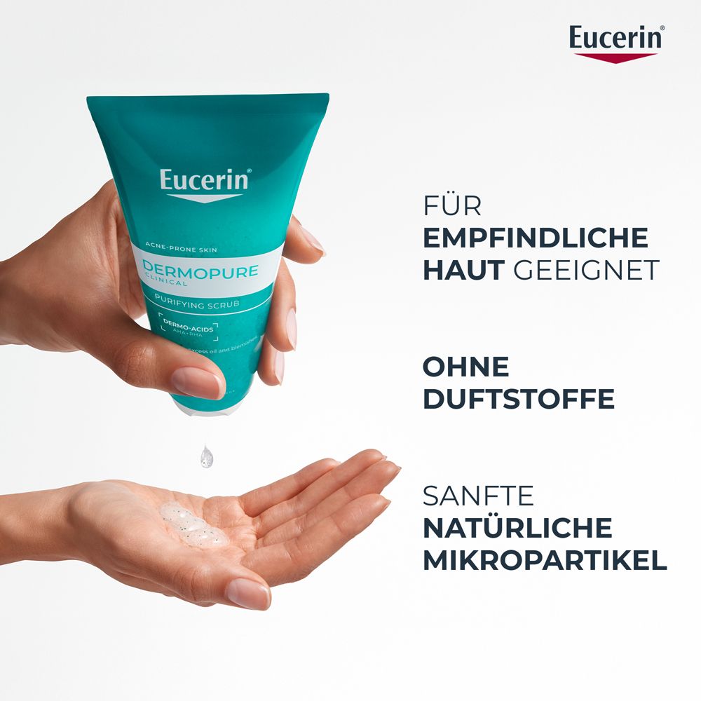 Hand hält Eucerin Dermopure Clinical Waschpeeling. Text: Für empfindliche Haut geeignet, ohne Duftstoffe.