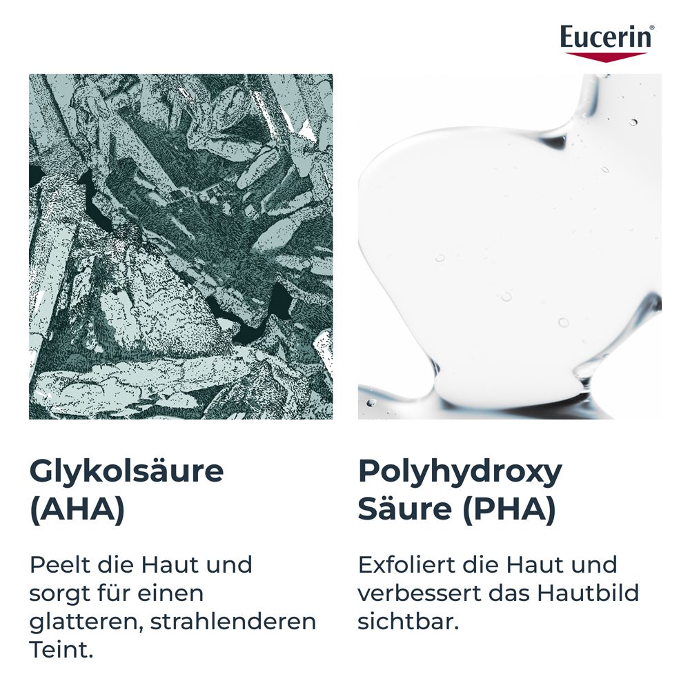 Nahaufnahme von Glykolsäure (AHA) und Polyhydroxysäure (PHA). Text: Peelt die Haut und exfoliert die Haut.