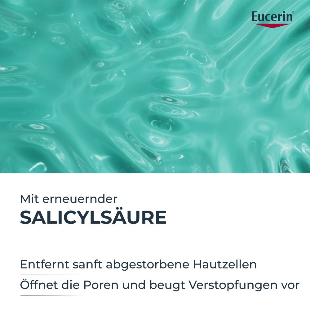 Text: Mit erneuernder Salicylsäure. Entfernt Hautzellen, öffnet Poren und beugt Verstopfungen vor.