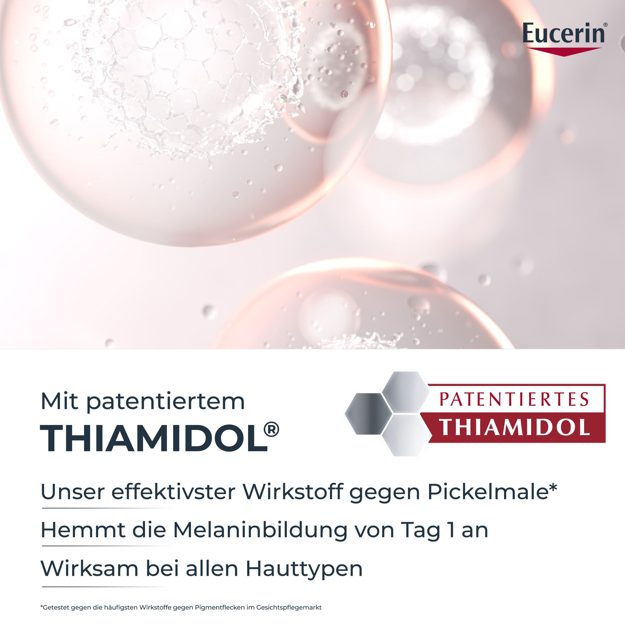 Text: Mit patentiertem Thiamidol®. Unser effektivster Wirkstoff gegen Pickelmale. Hemmt die Melaninbildung. Eucerin-Logo.