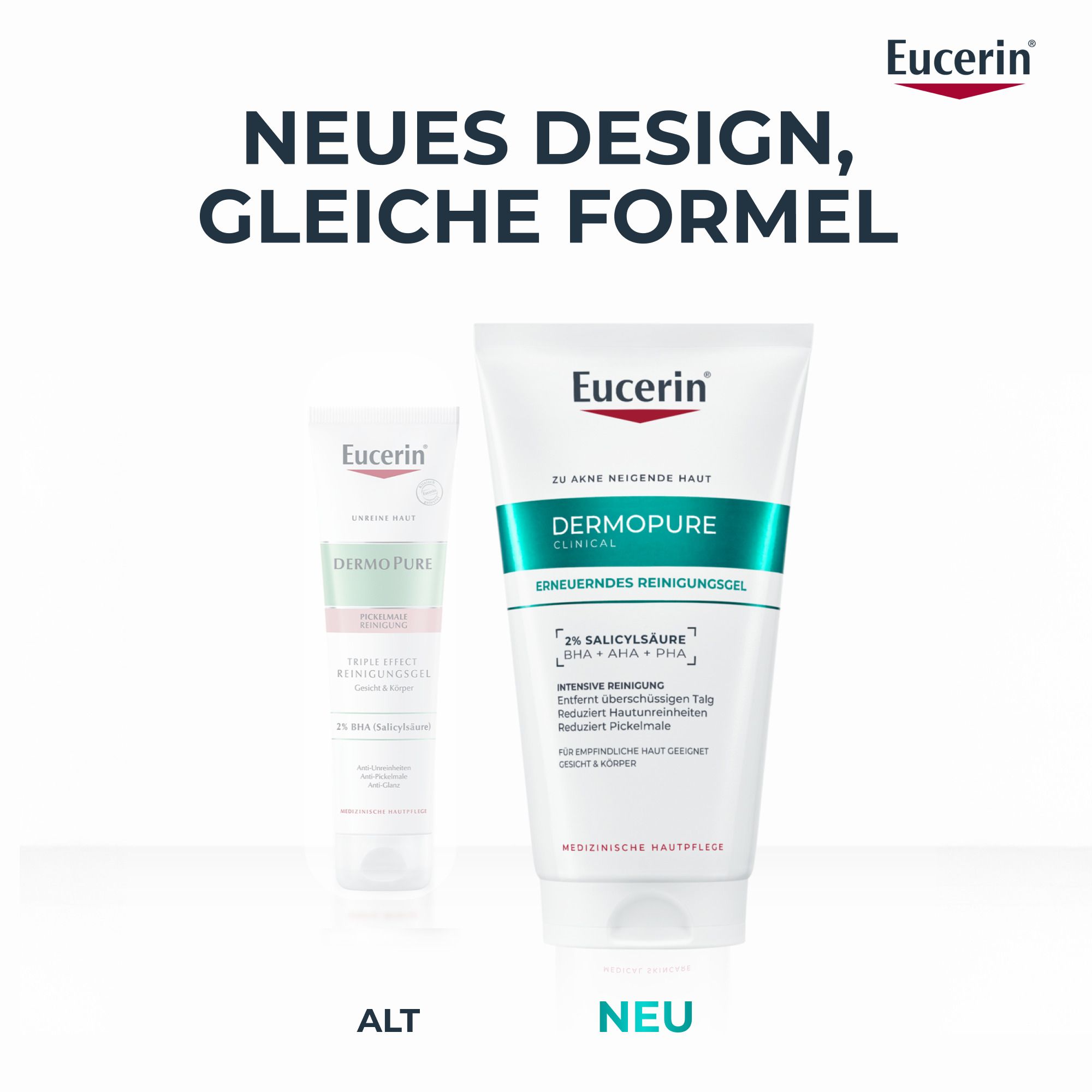 Vergleich: Alte und neue Eucerin® DERMOPURE CLINICAL Waschgel-Verpackung. Neues Design, gleiche Formel.