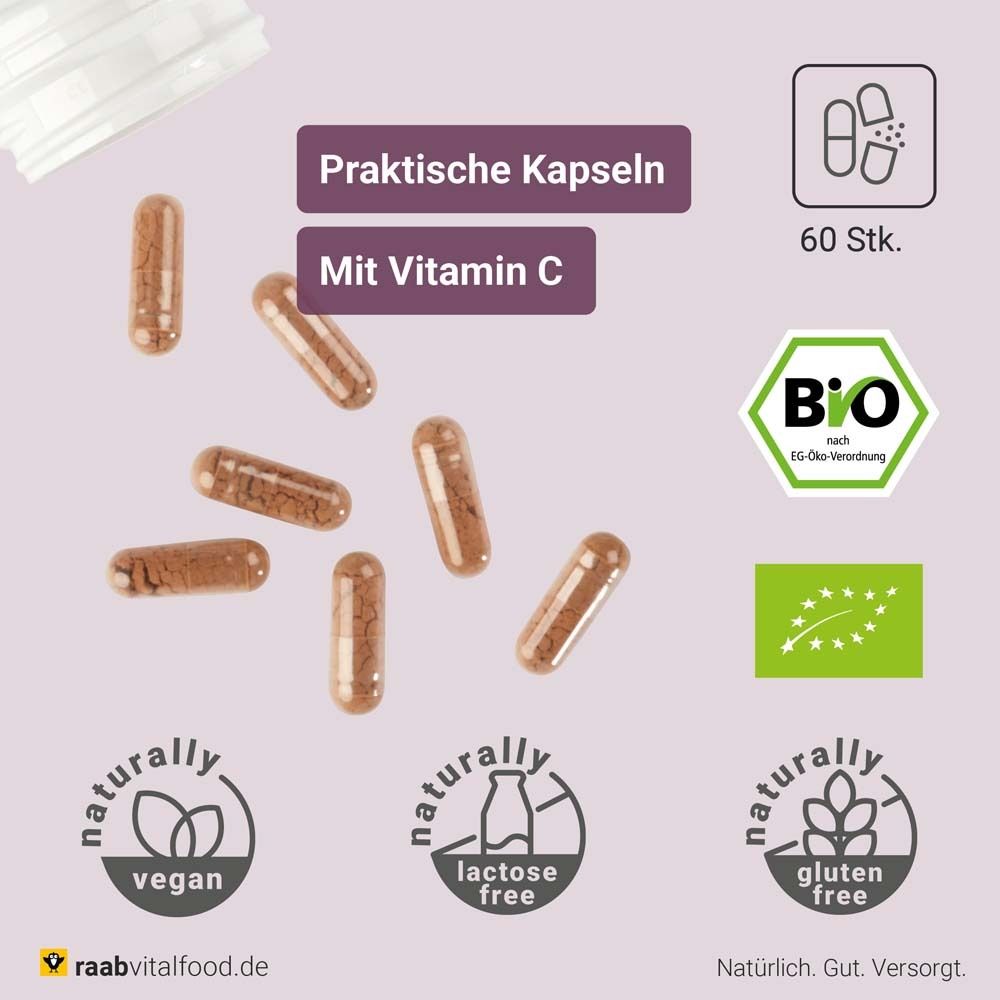 Braune Kapseln, verteilt. Text: Praktische Kapseln mit Vitamin C. Siegel: Bio, vegan, laktosefrei, glutenfrei.