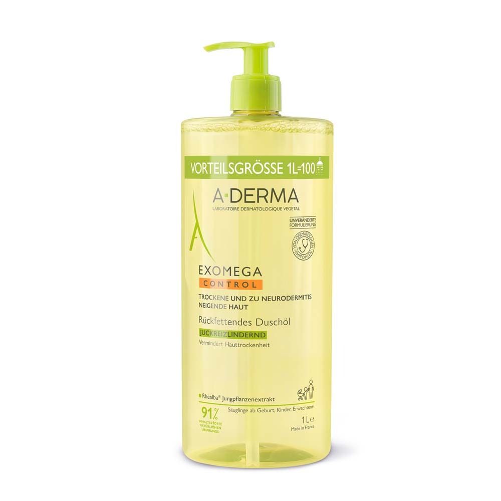 A-Derma EXOMEGA Control Duschöl. Große Flasche mit Pumpe. Gelbe Flüssigkeit. Vegan-Siegel.