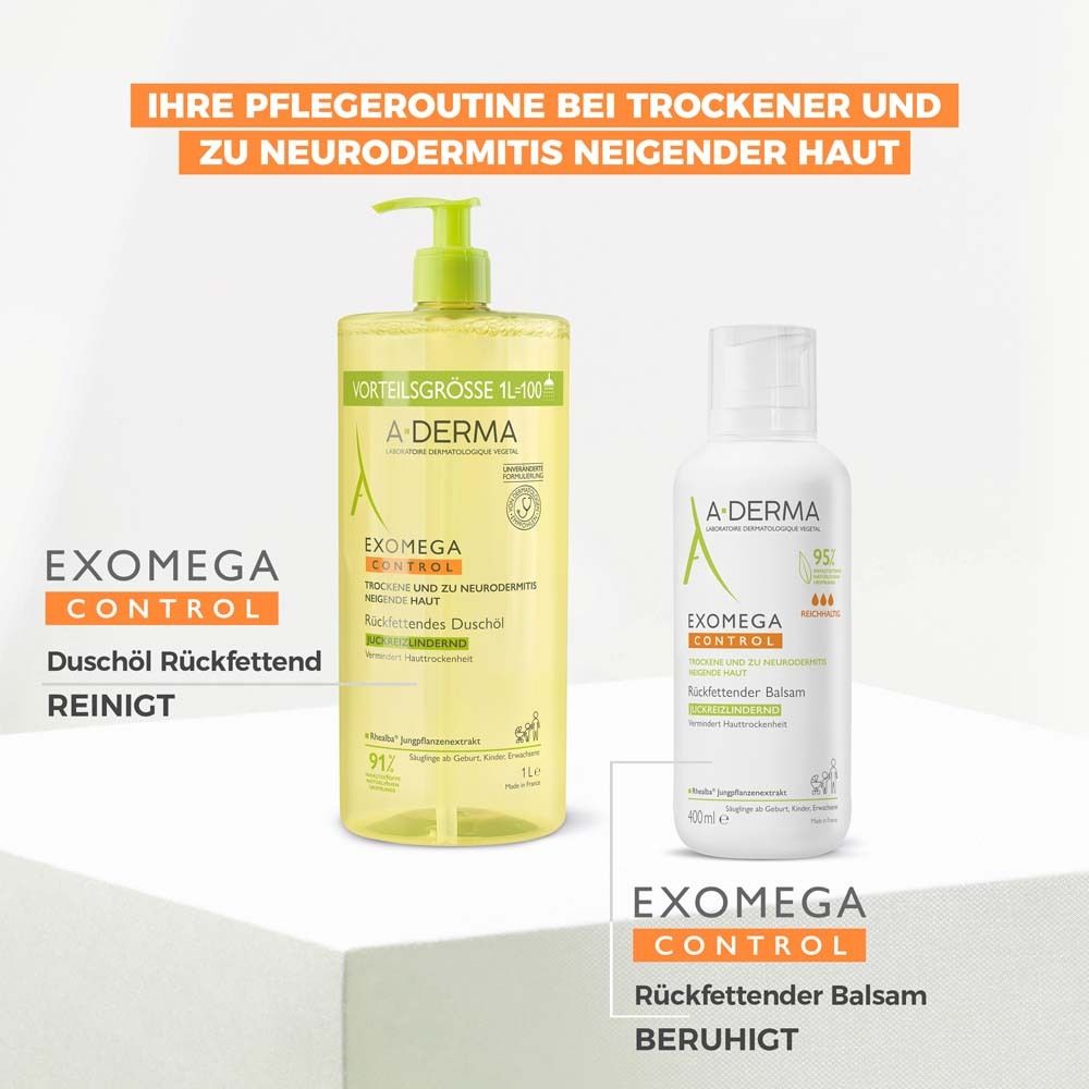 A-Derma EXOMEGA Control Duschöl und Balsam. Reinigt und beruhigt. Für trockene und zu Neurodermitis neigende Haut.