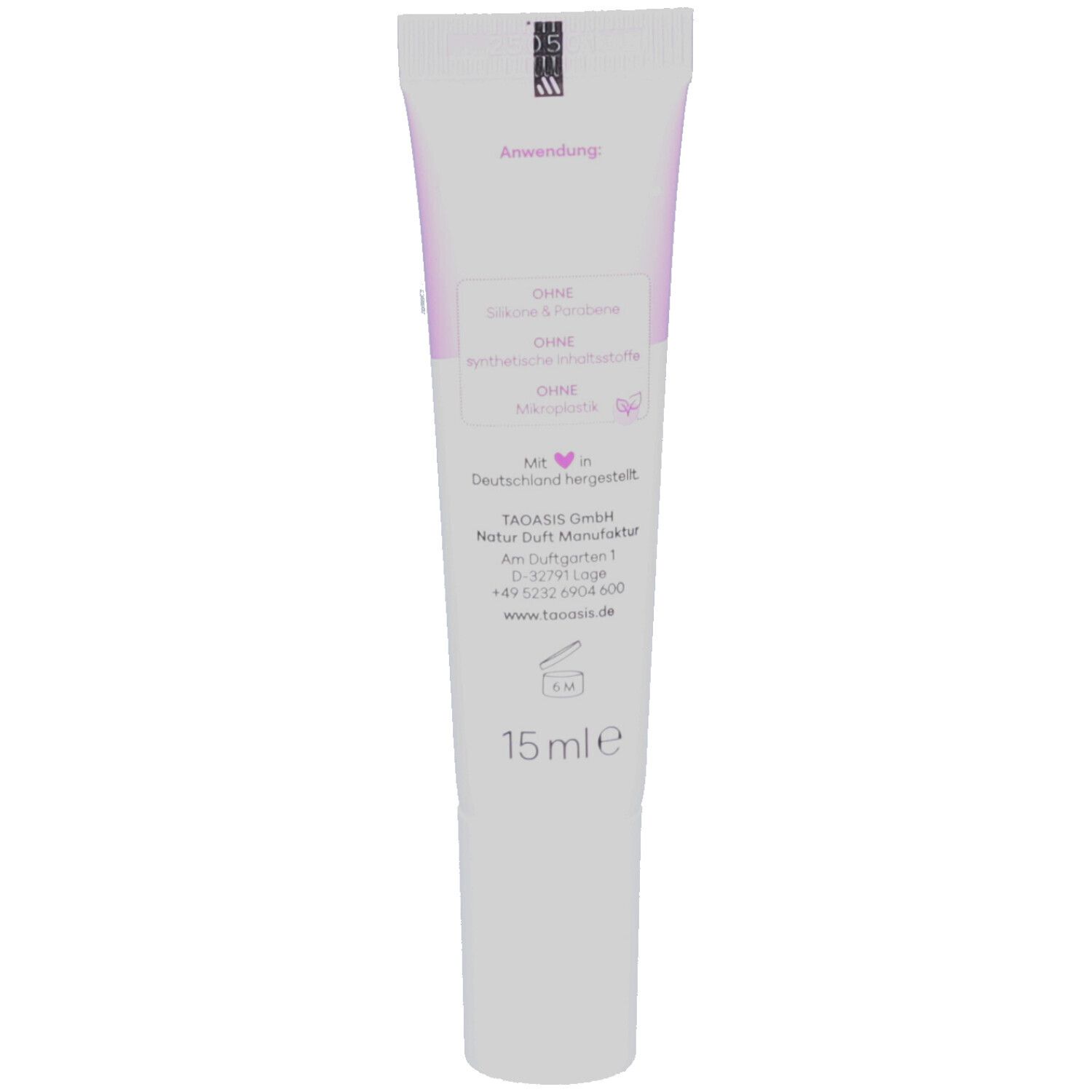 Weiße Tube mit lila Akzenten. Aufschrift: Ohne Silikone & Paraffine, ohne synthetische Duftstoffe, ohne Mineralöle. 15 ml.