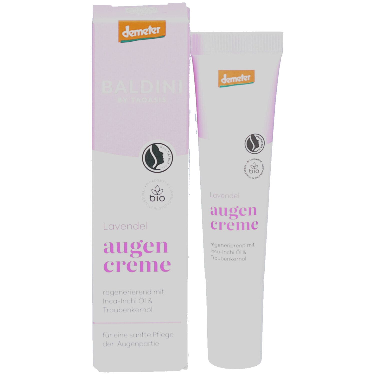 Produktverpackung mit Tube. Aufschrift: Baldini Lavendel Augencreme. Demeter-Logo und Bio-Siegel. Tube und Verpackung in lila und weiß.