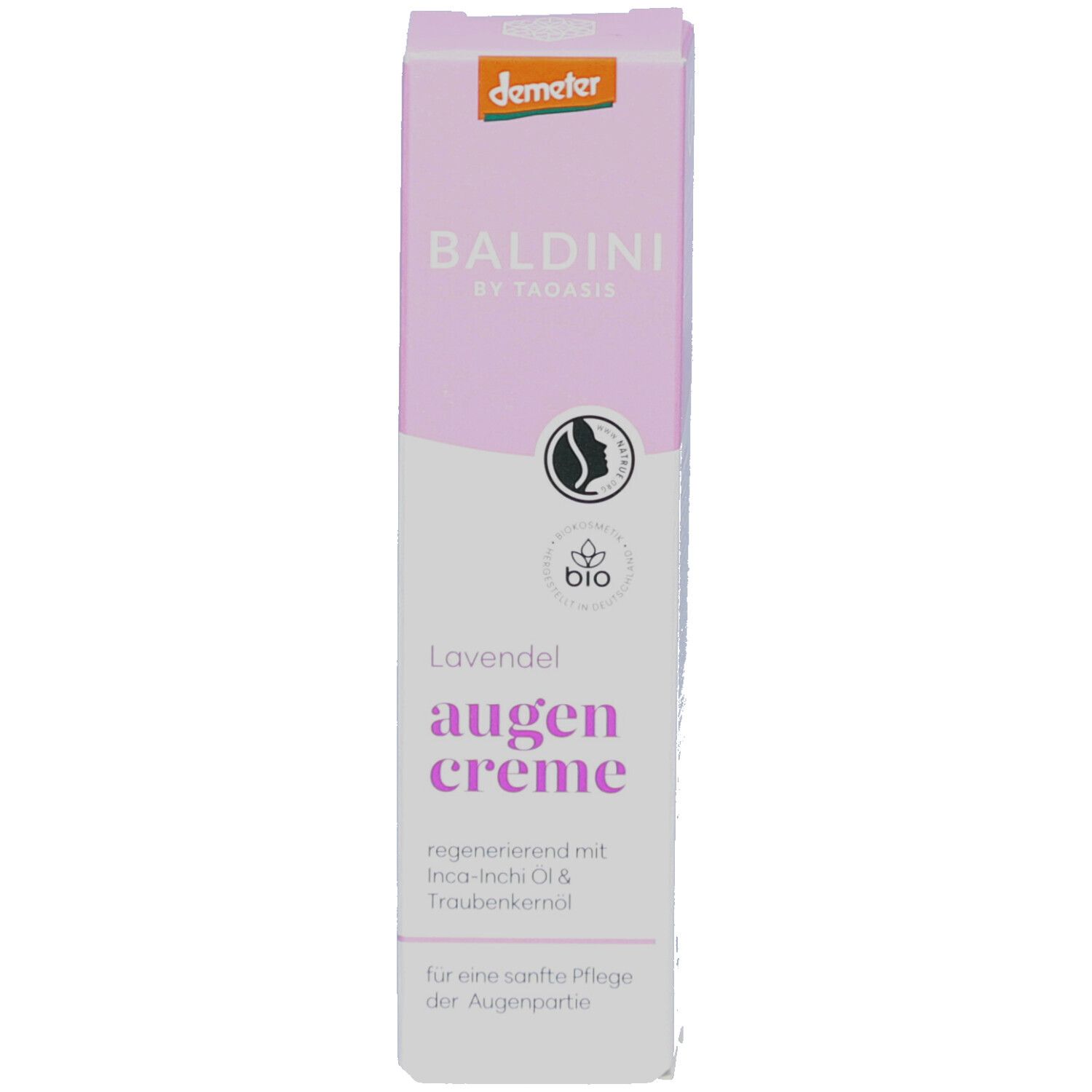 Produktverpackung in lila und weiß. Aufschrift: Baldini Lavendel Augencreme. Demeter-Logo und Bio-Siegel. Text: regenerierend mit Inca-Inchi Öl & Traubenkernöl.