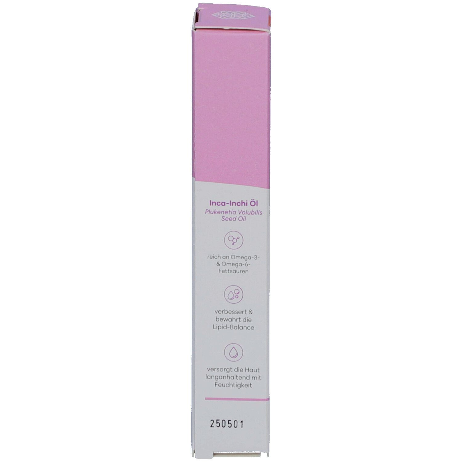 Produktverpackung, Rückseite. Text: Inca-Inchi Öl, reich an Omega-3 & -6 Fettsäuren, verbessert & bewahrt die Lipid-Balance. 250501.