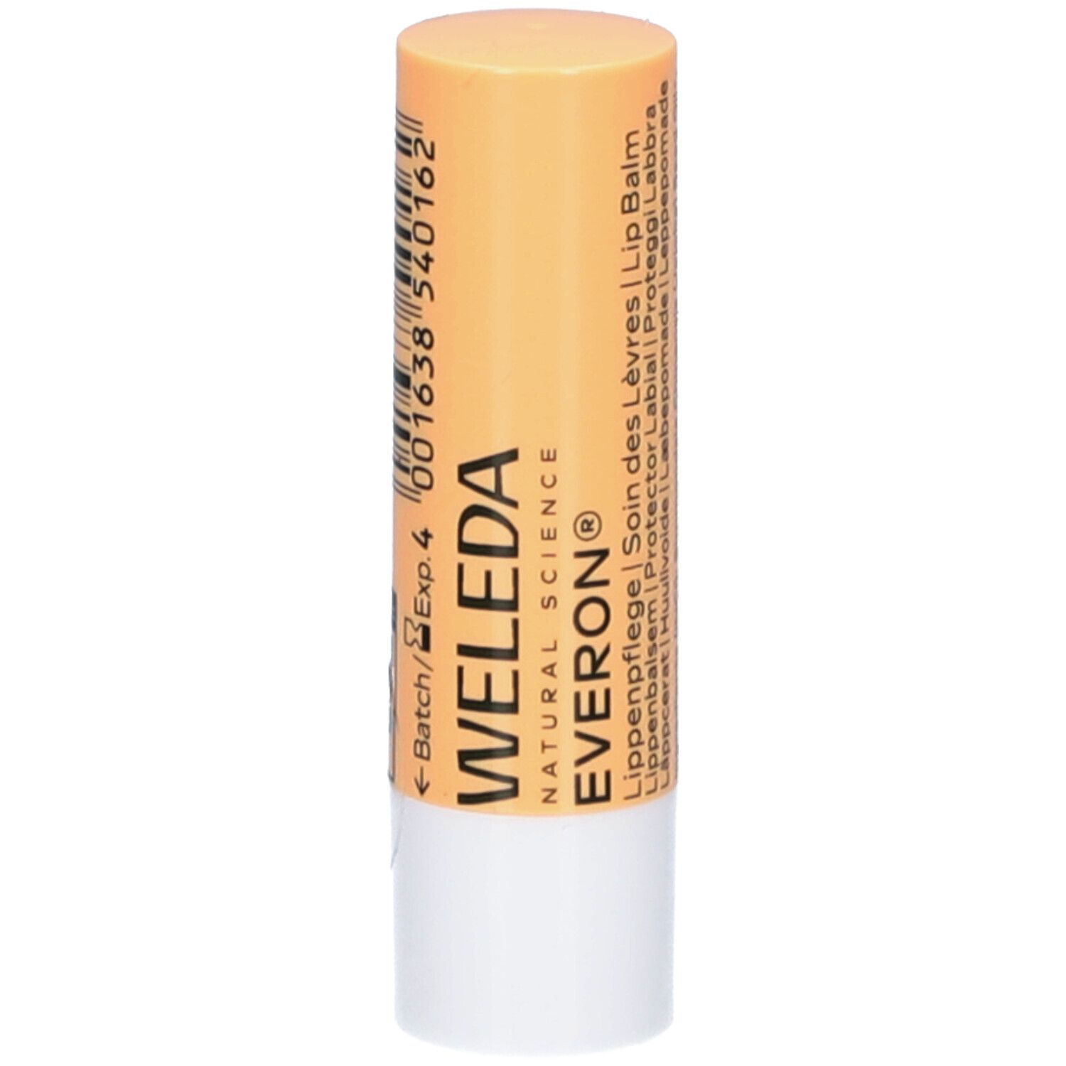 Lippenpflegestift WELEDA Everon. Zylindrische Form, hellgelb-weiß. Mit Barcode und Text: WELEDA, EVERON, Lip Balm.
