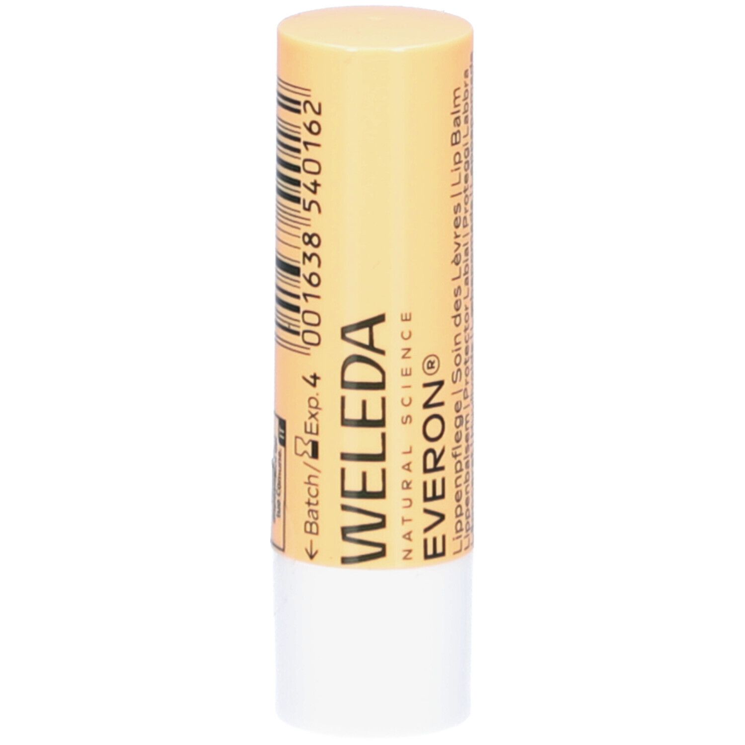 Lippenpflegestift WELEDA Everon. Zylindrische Form, hellgelb-weiß. Mit Barcode und Text: WELEDA, EVERON, Lip Balm.