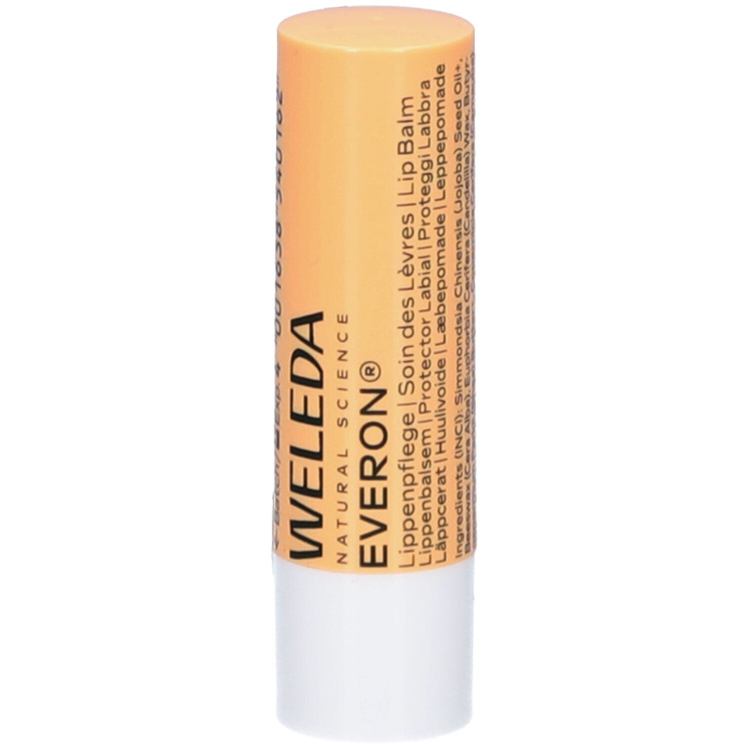 Lippenpflegestift WELEDA Everon. Zylindrische Form, hellgelb-weiß. Mit Text: WELEDA, EVERON, Lip Balm.