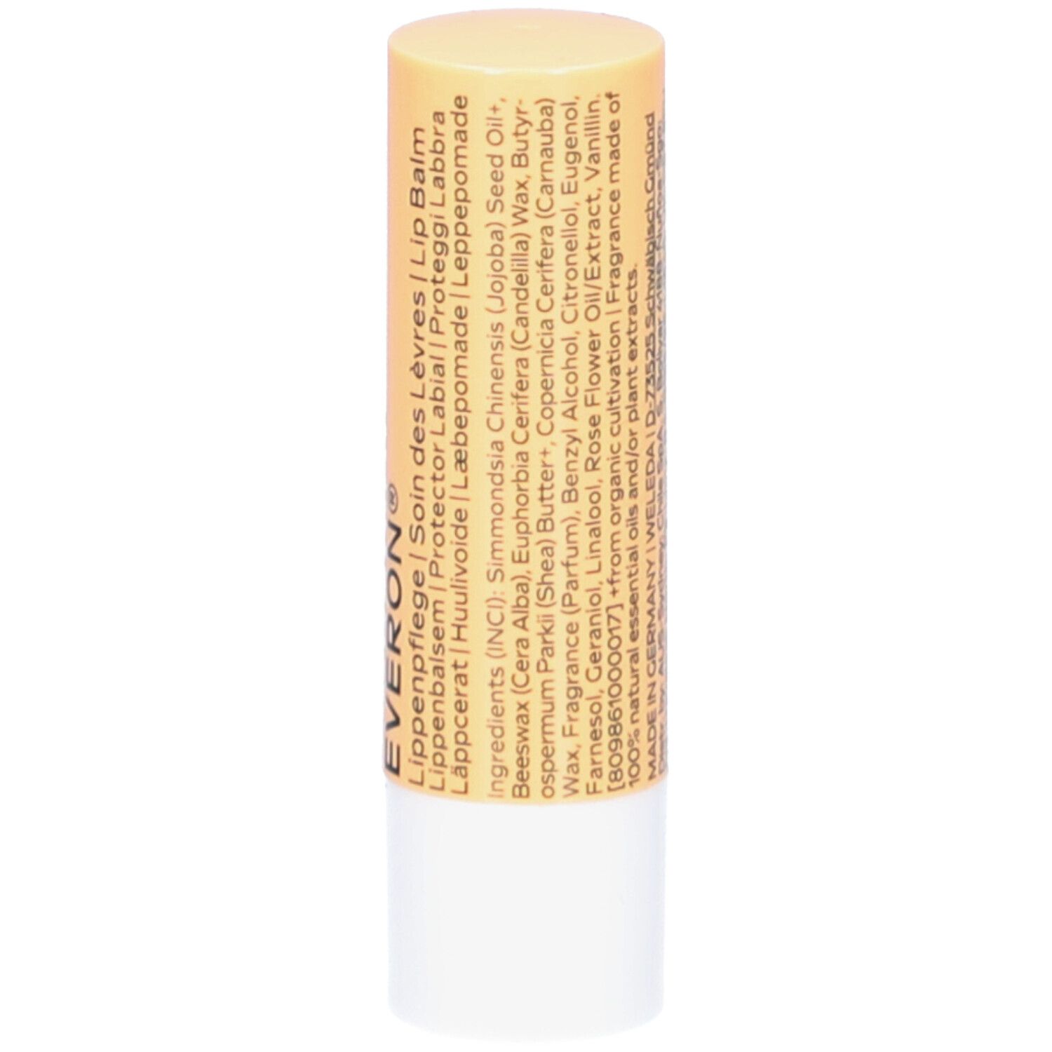 Lippenpflegestift WELEDA Everon. Zylindrische Form, hellgelb-weiß. Mit Text: WELEDA, EVERON, Lip Balm, Inhaltsstoffe.