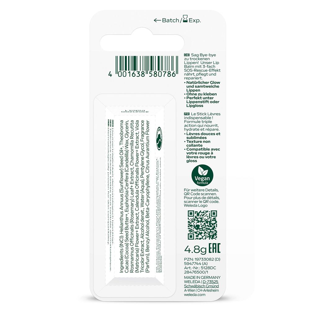 Rückseite der Verpackung des WELEDA Skin Food Lip Balm. Enthält Inhaltsstoffe, QR-Code und Vegan-Siegel.