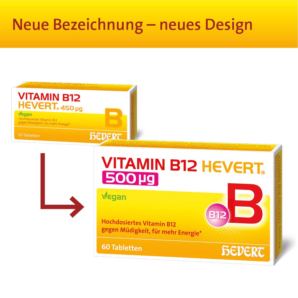Vergleich von zwei Schachteln. Eine mit 450 µg, die andere mit 500 µg Vitamin B12 Hevert. 60 Tabletten.