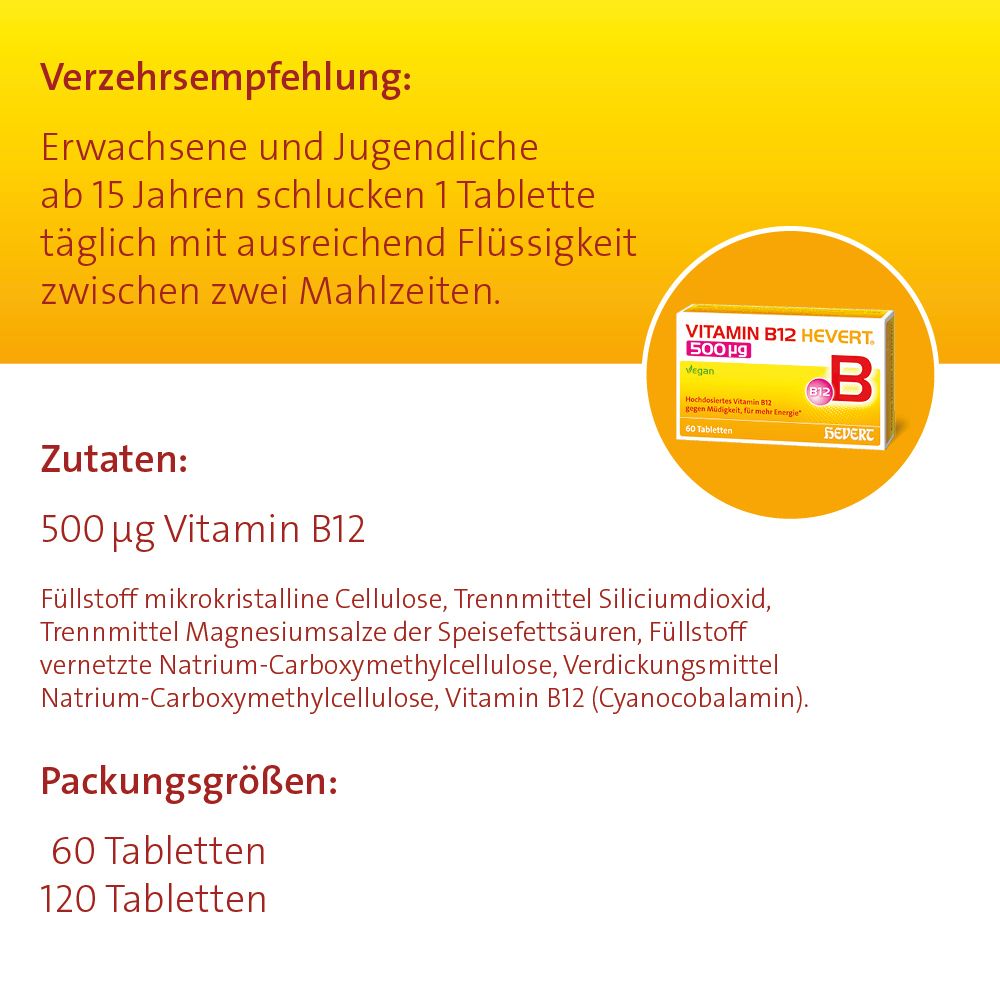 Text auf gelbem Hintergrund. Enthält Informationen zu Inhaltsstoffen und Dosierung von Vitamin B12 Hevert.