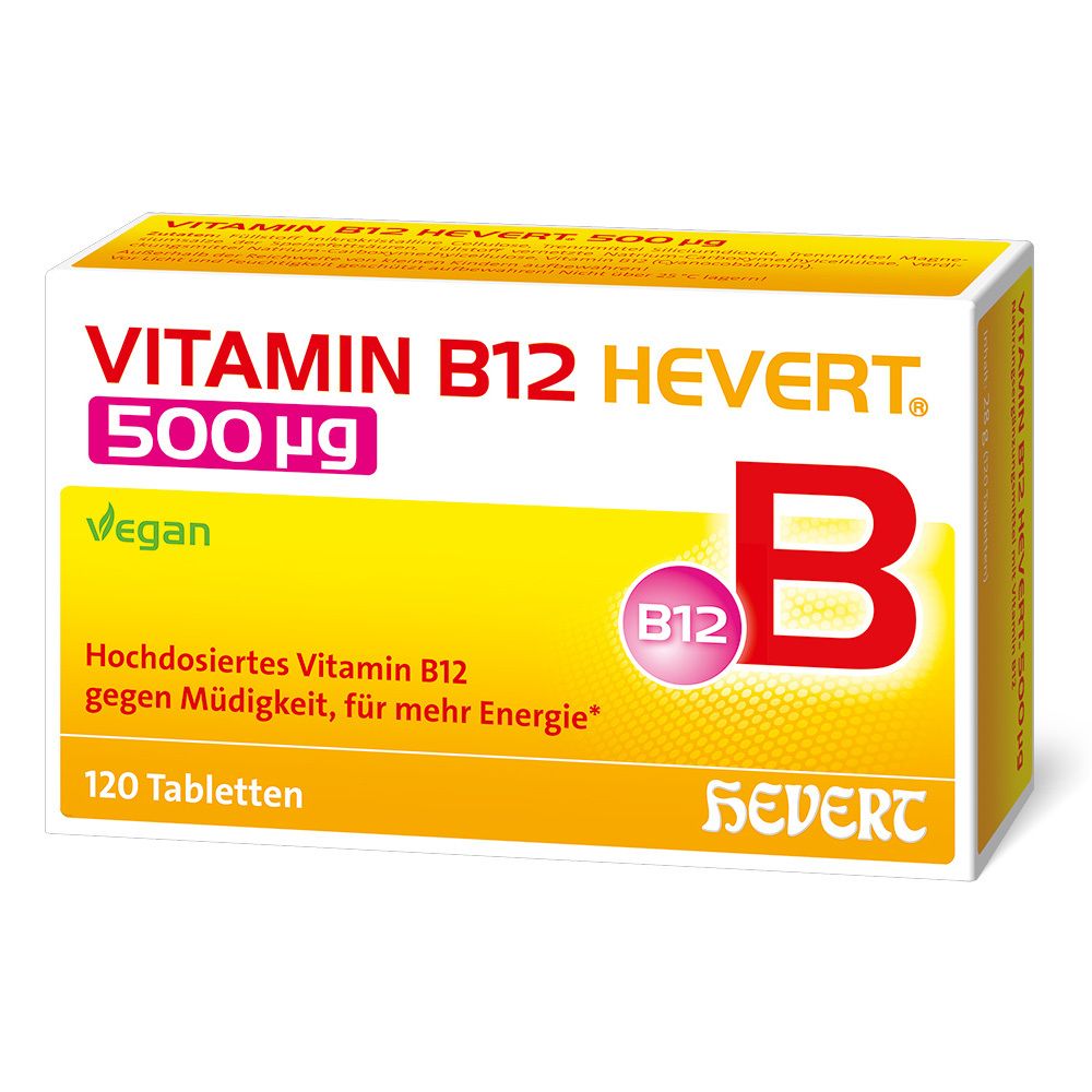 Verpackung von Vitamin B12 Hevert 500 µg. Gelb-weißes Rechteck mit Produktnamen, Dosierung und Vegan-Hinweis. 120 Tabletten.