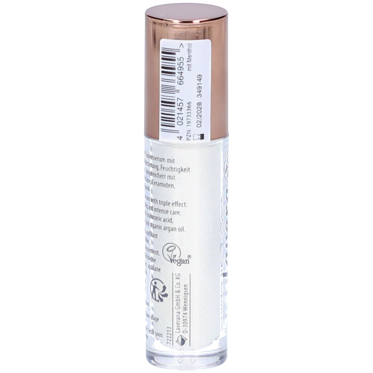 Lip Elixir Flasche mit roségoldfarbenem Deckel. Aufschrift: Inhaltsstoffe, Barcode, Vegan-Siegel.