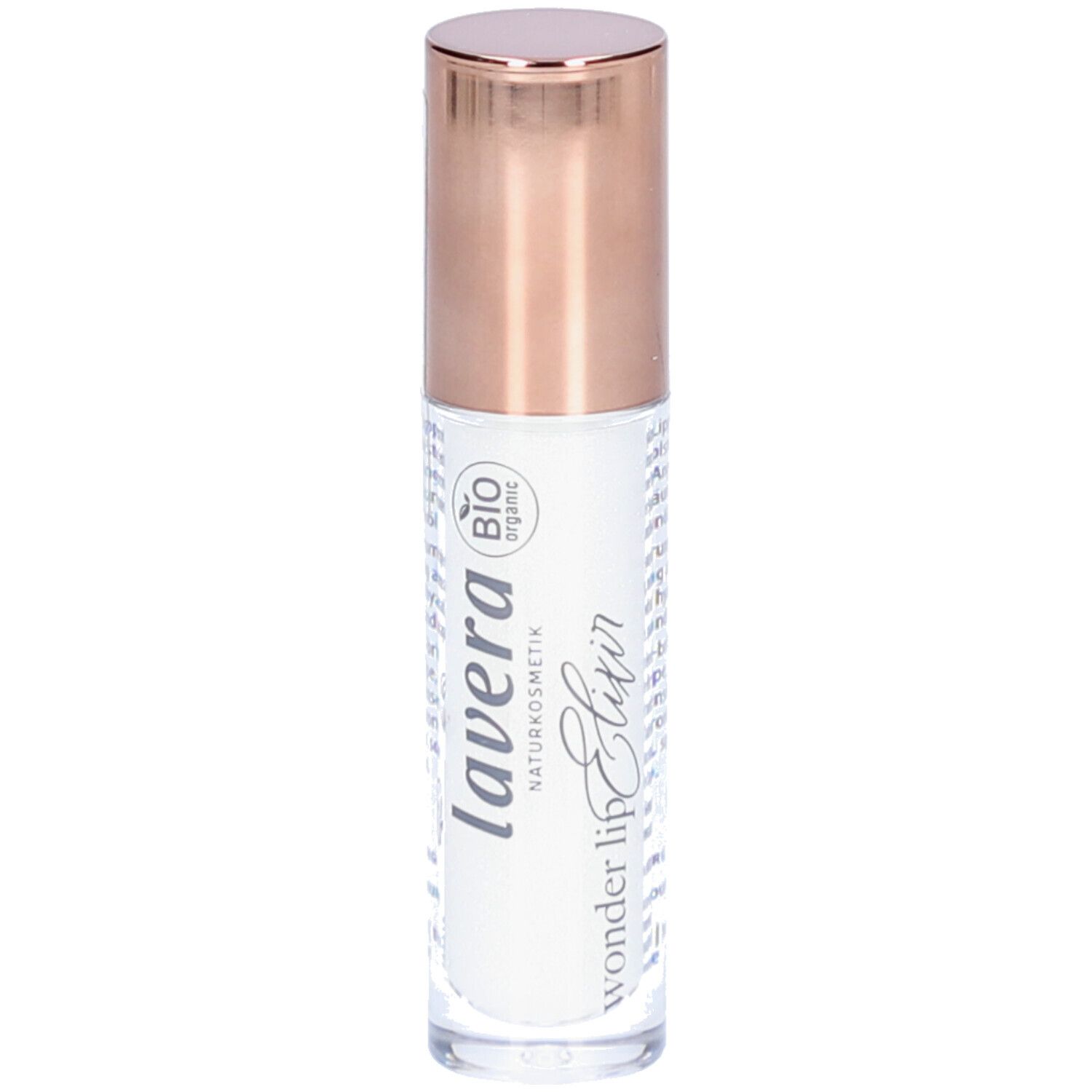 Lip Elixir Flasche mit roségoldfarbenem Deckel. Aufschrift: lavera, Wonder lip Elixir.