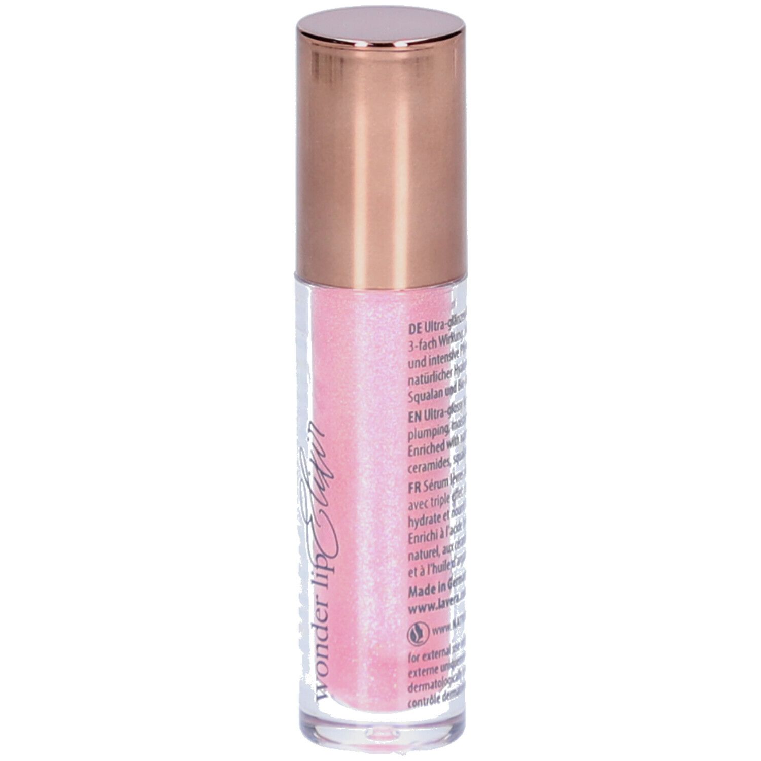 Lipgloss-Fläschchen mit rosafarbenem Inhalt. Goldfarbener Deckel. Aufschrift: lavera, Wonder lip Elixir. Rückseite mit Text.