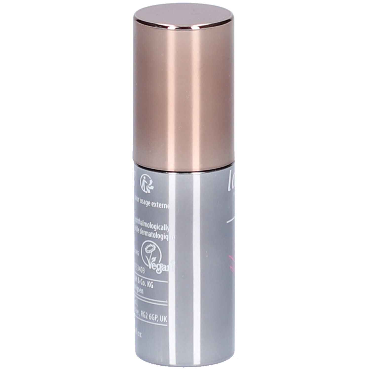 Zylindrische Mascarahülse mit kupferfarbenem Deckel. Aufschrift: lavera, Vegan-Siegel, Informationen zur Anwendung.