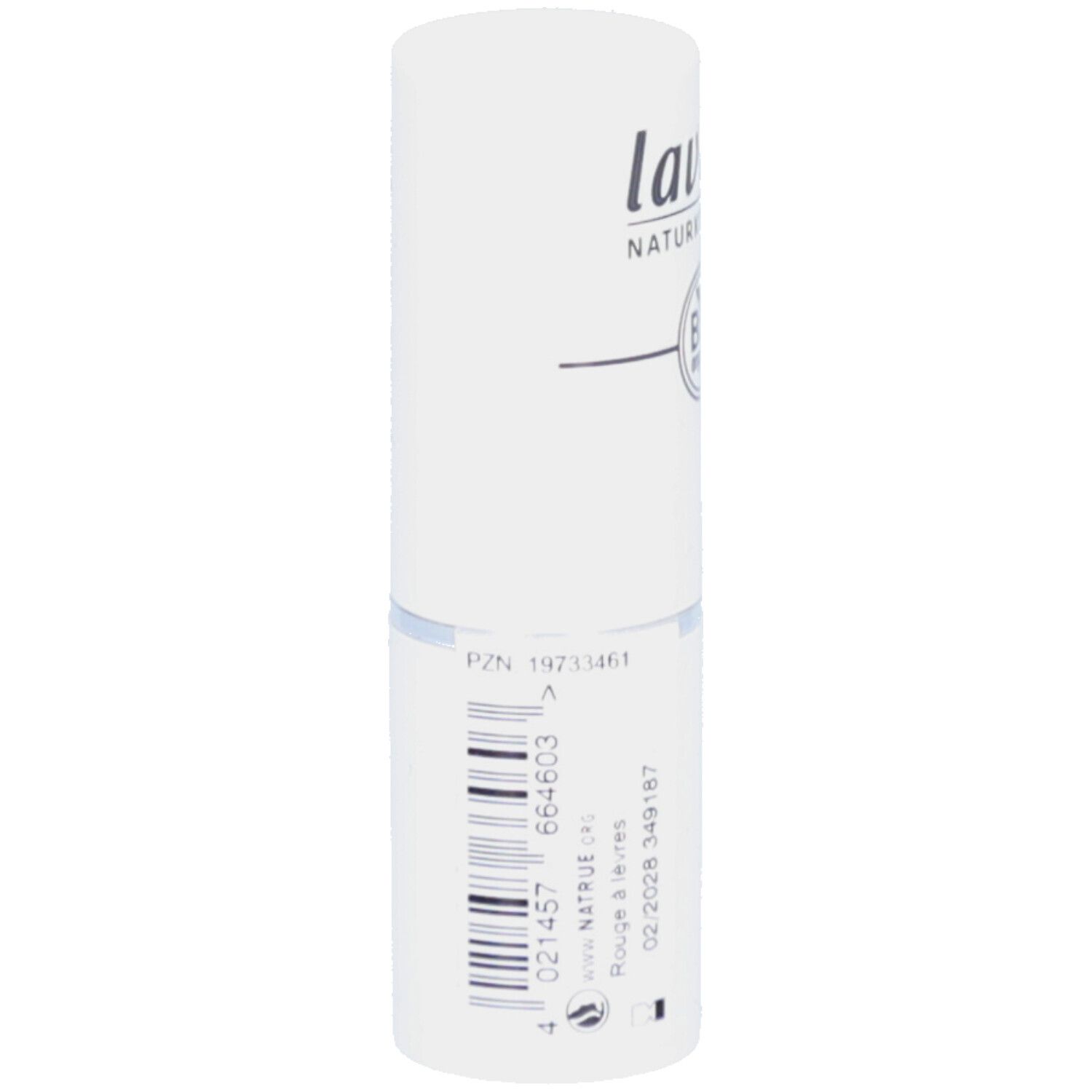 Weißer Lippenstift-Hülse. Marke: lavera. Aufdruck: BIO organic. Barcode und Produktinformationen auf der Seite.