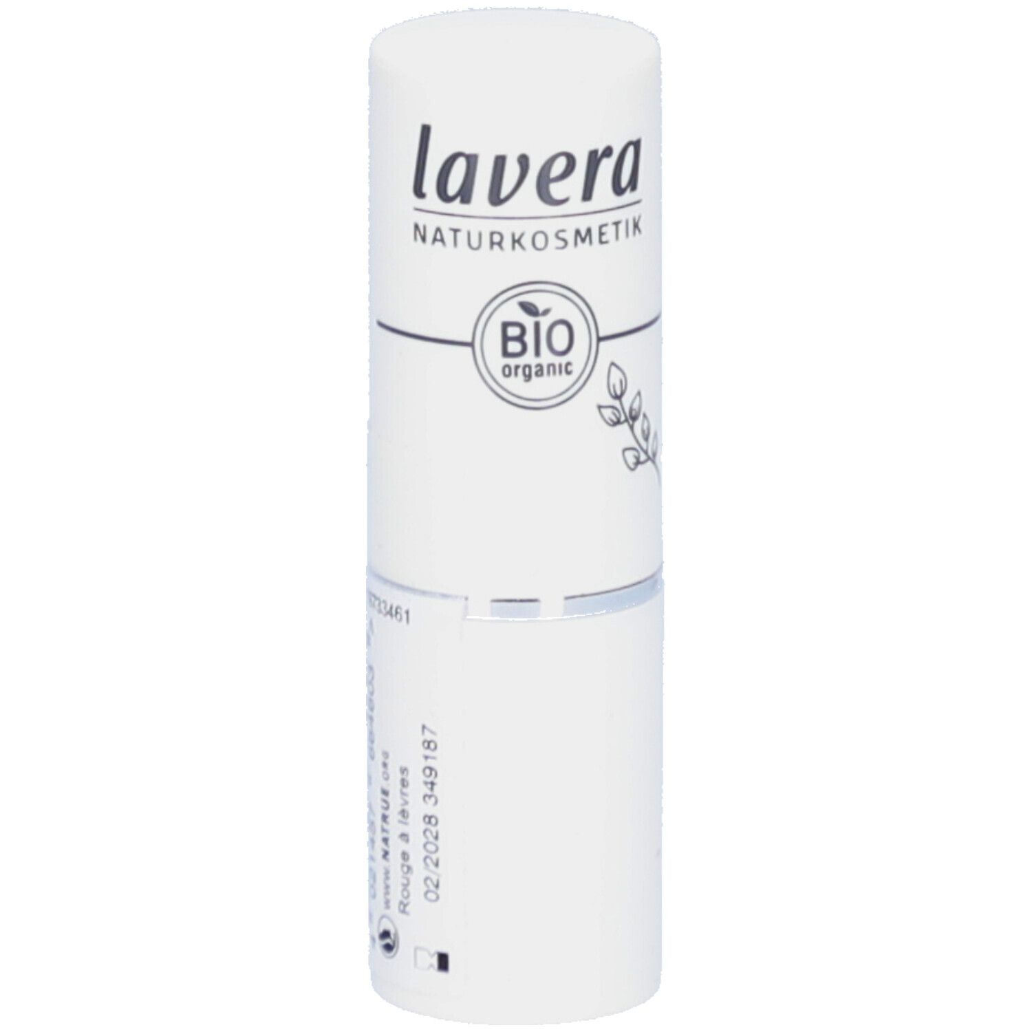 Weißer Lippenstift-Hülse. Marke: lavera. Aufdruck: BIO organic. Barcode und Produktinformationen auf der Seite.