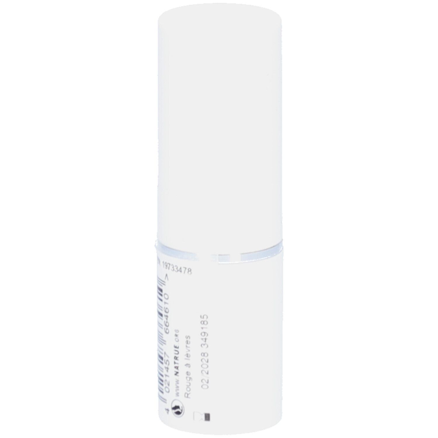 Weißer Lippenstift-Behälter mit Barcode und Text. Zylindrische Form. "Rouge à lèvres" Text sichtbar.
