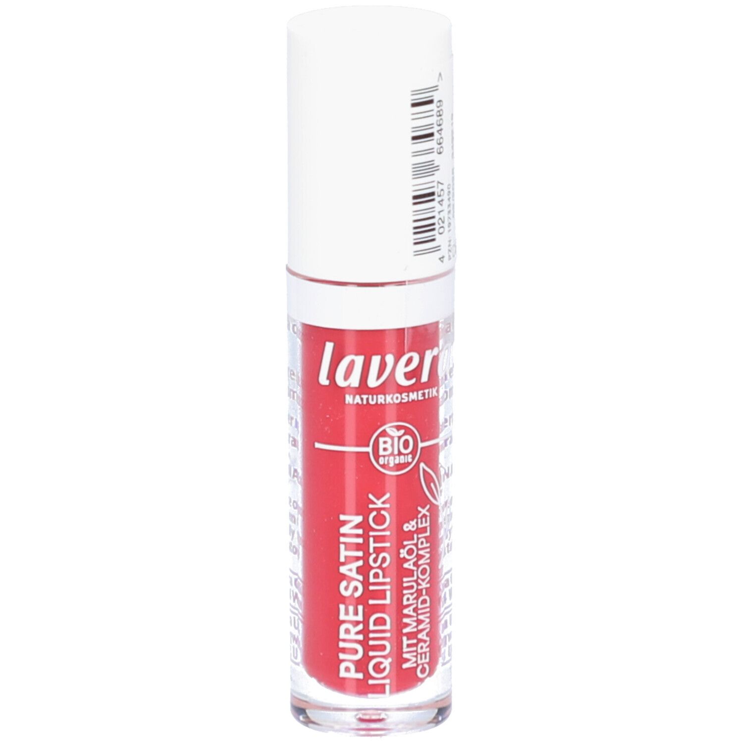 Roter flüssiger Lippenstift in einer transparenten Hülse mit weißem Deckel. Aufschrift: lavera, Pure Satin Liquid Lipstick.