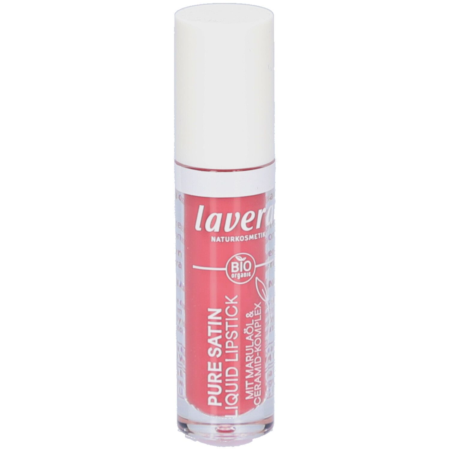 Flüssiger Lippenstift mit weißem Deckel. Aufschrift: lavera, Pure Satin Liquid Lipstick, Bio-Siegel.