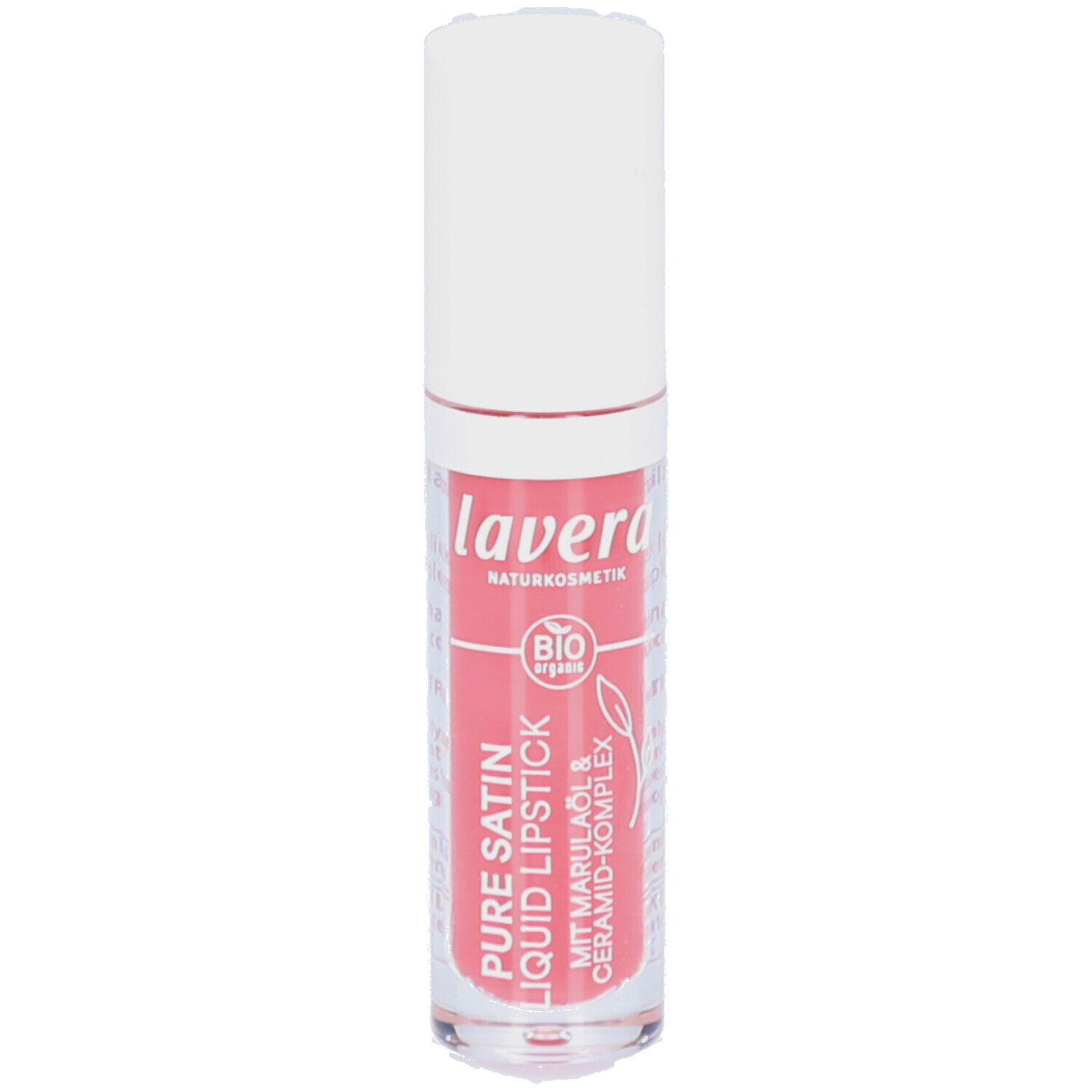 Flüssiger Lippenstift mit weißem Deckel. Aufschrift: lavera, Pure Satin Liquid Lipstick, Bio-Siegel.