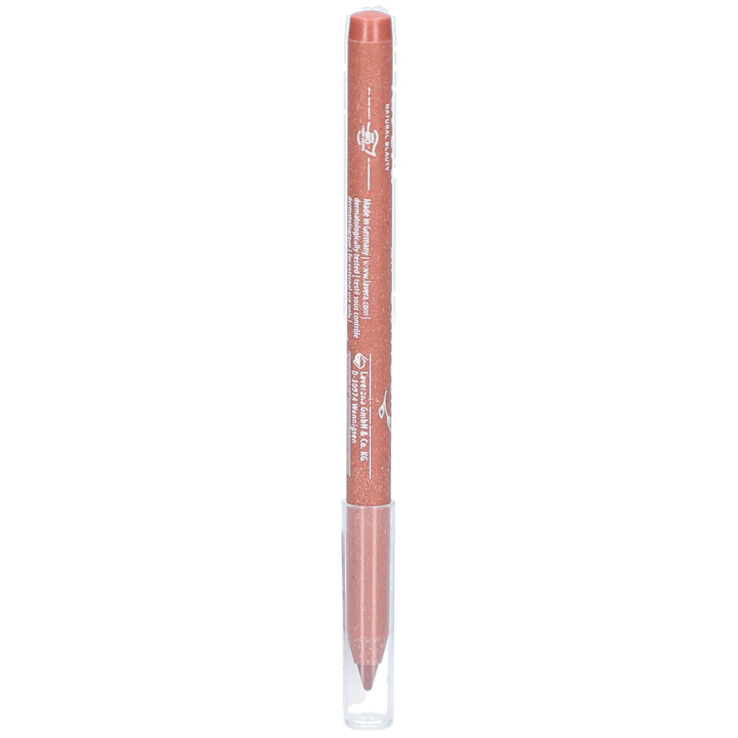 Lippenkonturenstift. Rosa-braune Farbe. Aufschrift und Symbole. Transparente Kappe.
