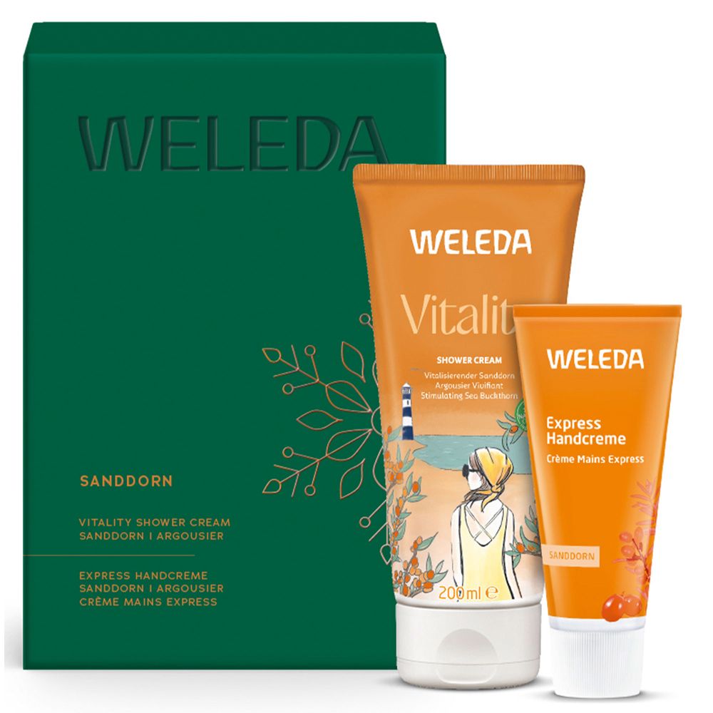 Geschenkset Sanddorn. Enthält Duschgel und Handcreme. Orangefarbene Tuben und grüne Verpackung. Marke Weleda.