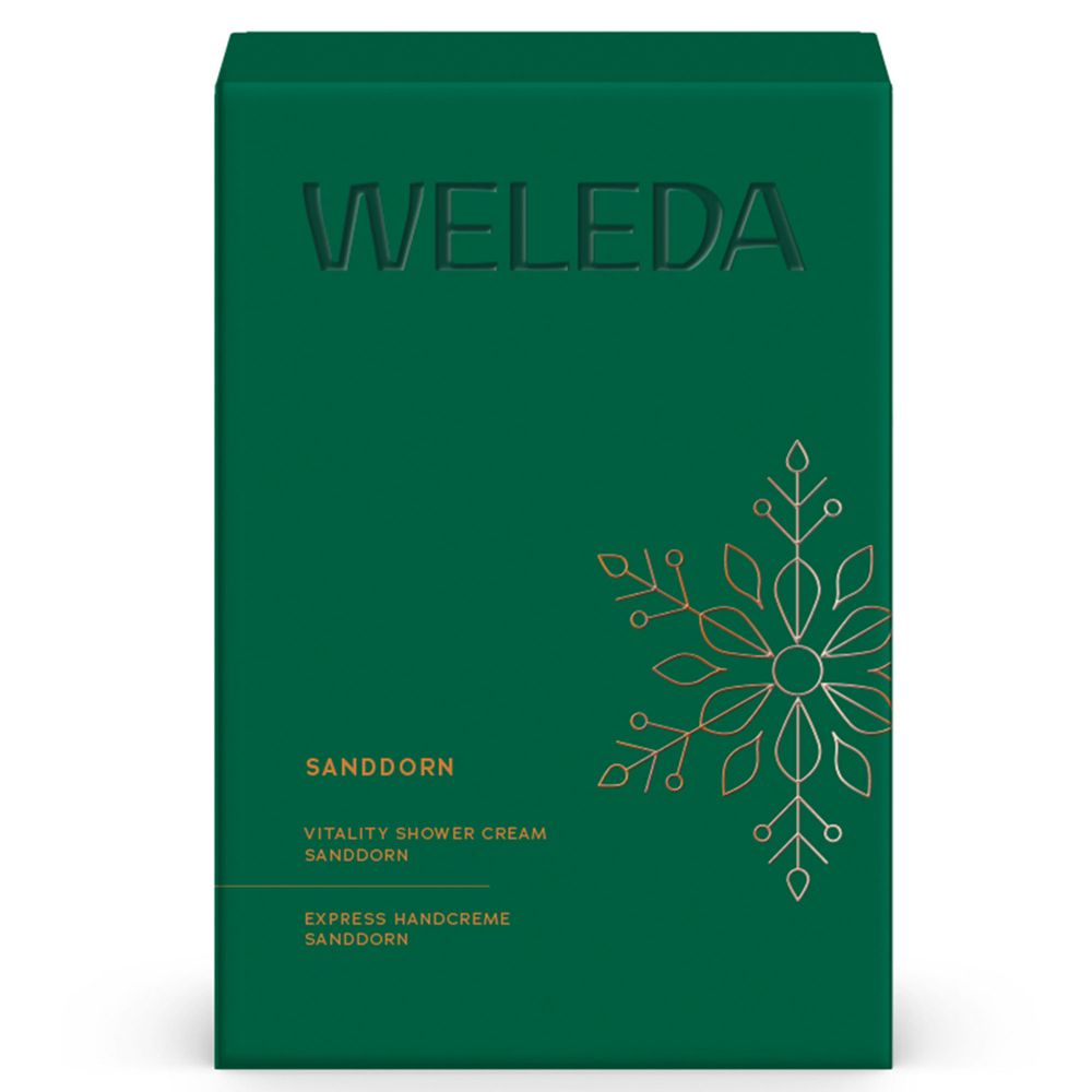Grüne Verpackung des Geschenksets Sanddorn. Marke Weleda. Text: Sanddorn, Duschgel, Handcreme.