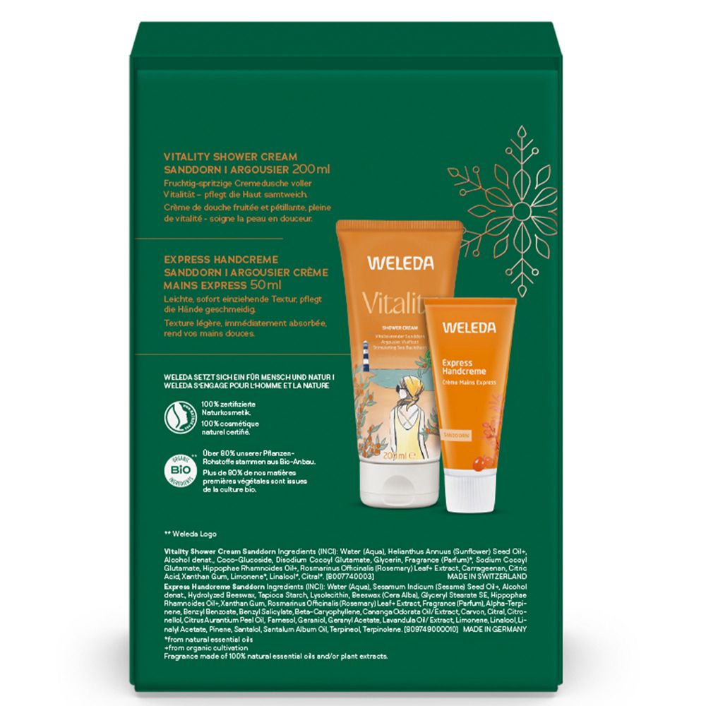 Rückseite des Geschenksets Sanddorn. Enthält Duschgel und Handcreme. Inhaltsstoffe und Logos. Marke Weleda.