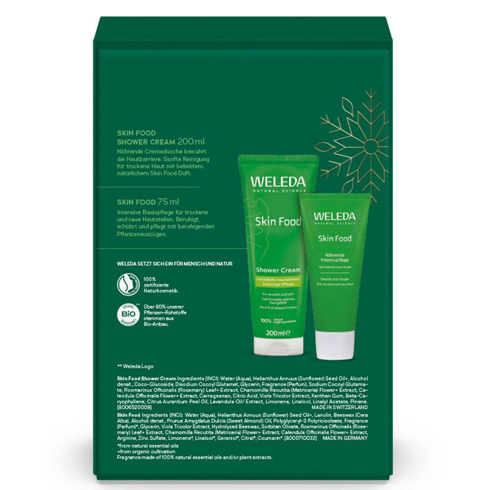 Rückseite der Geschenkbox mit Produktinformationen und zwei Tuben. WELEDA, Skin Food, Shower Cream.